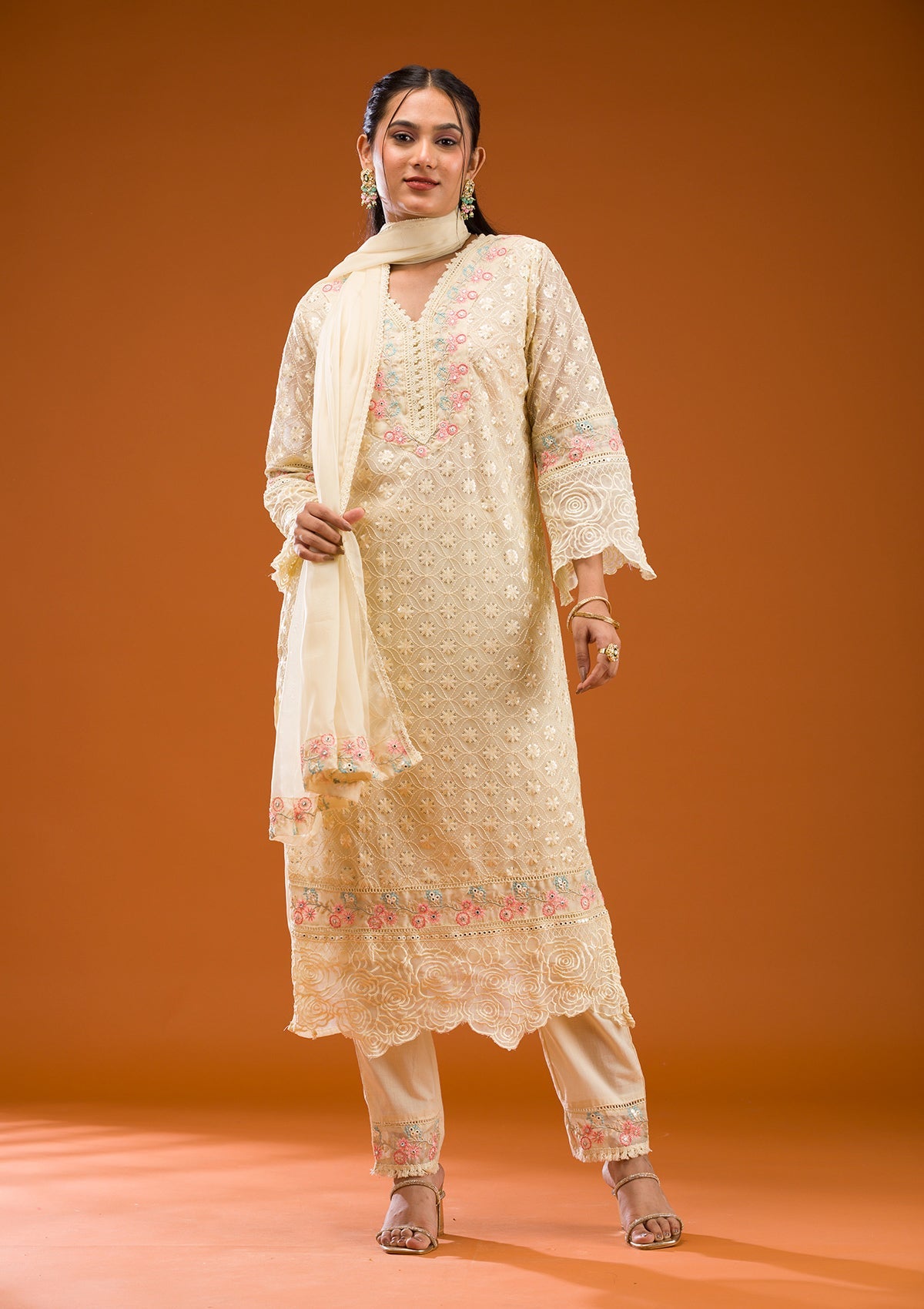 Koskii Cream Threadwork Georgette Readymade Salwar Suit