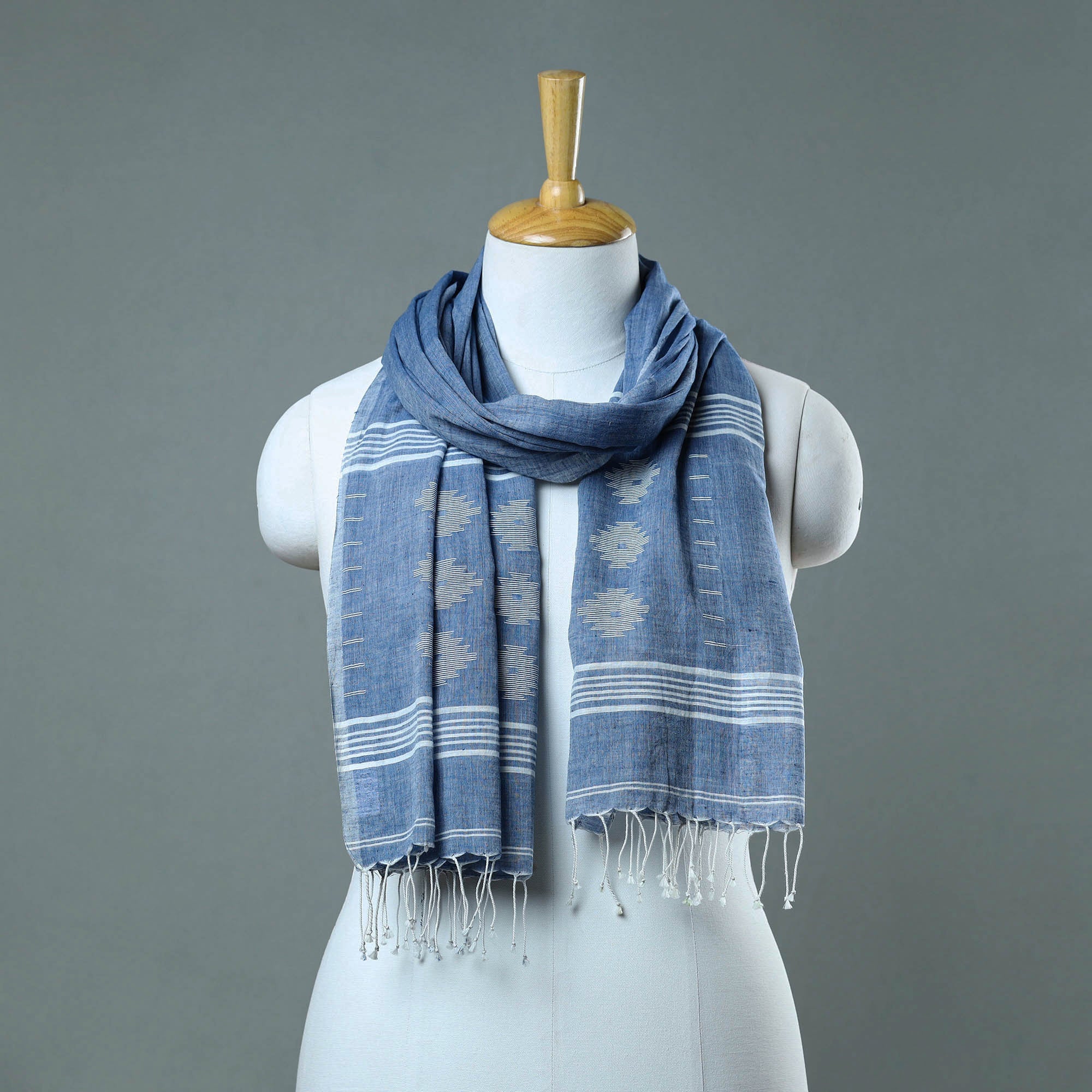 KHUSHBASH - HAPPY LOOM OF EAST Blue - Burdwan Jamdani Cotton Handloom Stole with Tassels 37