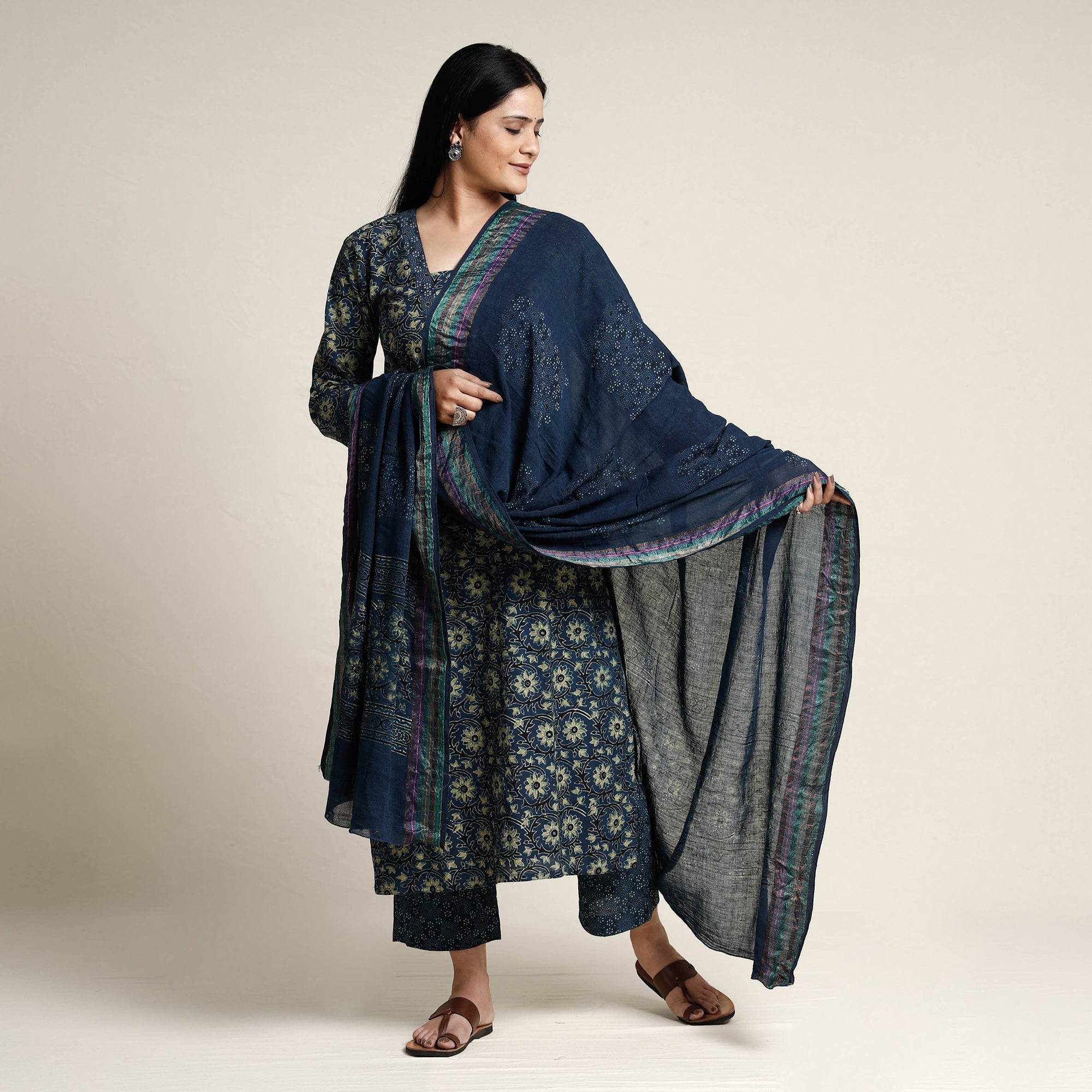 ITOKRI CASUALS Blue - Ajrakh Block Printed Cotton Kurta with Palazzo & Dupatta Set - view 2