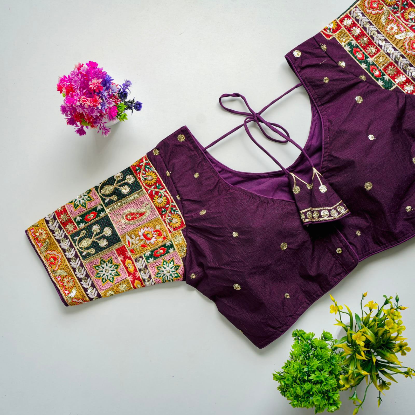 ClothsVilla Dark Purple Golden Embroidered Seoul Silk Blouse with Sequins