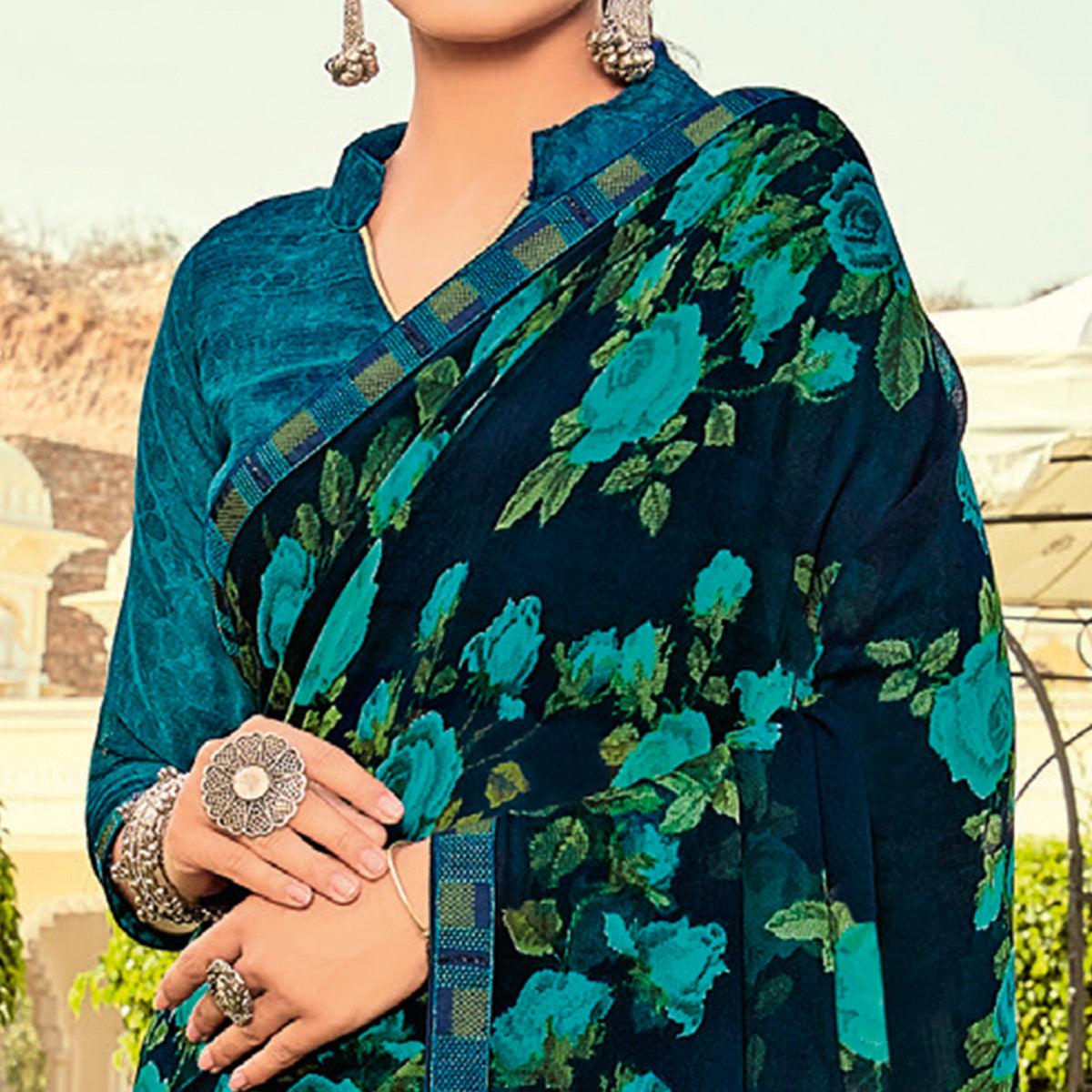 Peachmode Seller Dark Blue Casual Wear Printed Georgette Saree - view 2