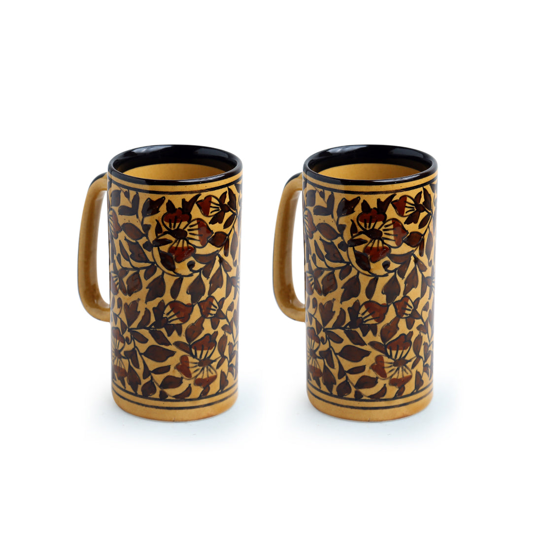 EXCLUSIVELANE 'Mughal Floral' Handpainted Ceramic Milk & Beer Mugs (Set of 2, 460 ML, Microwave Safe) - view 2
