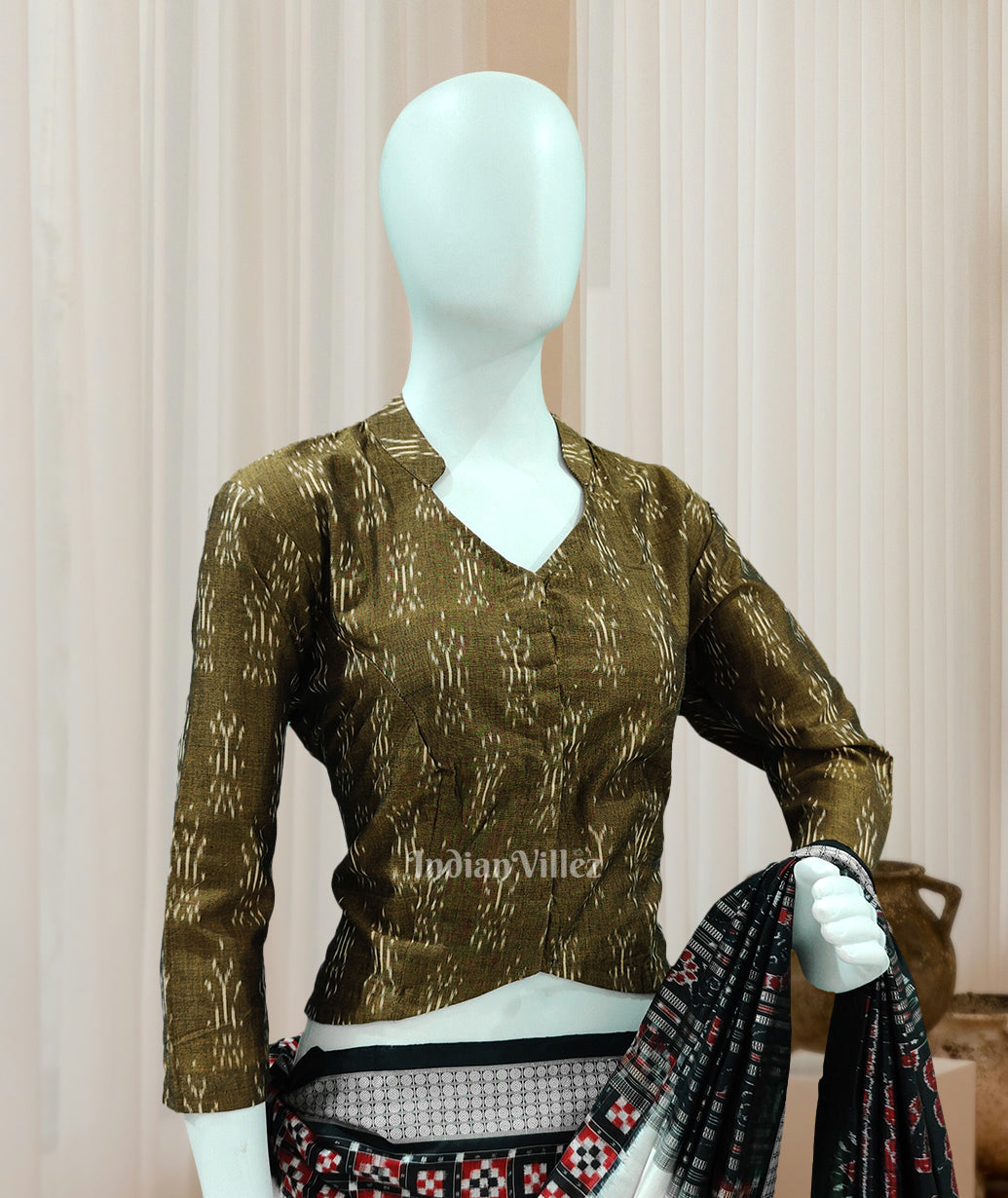 IndianVillèz Mehendi Green Pochampally Ikat Cotton Blouse