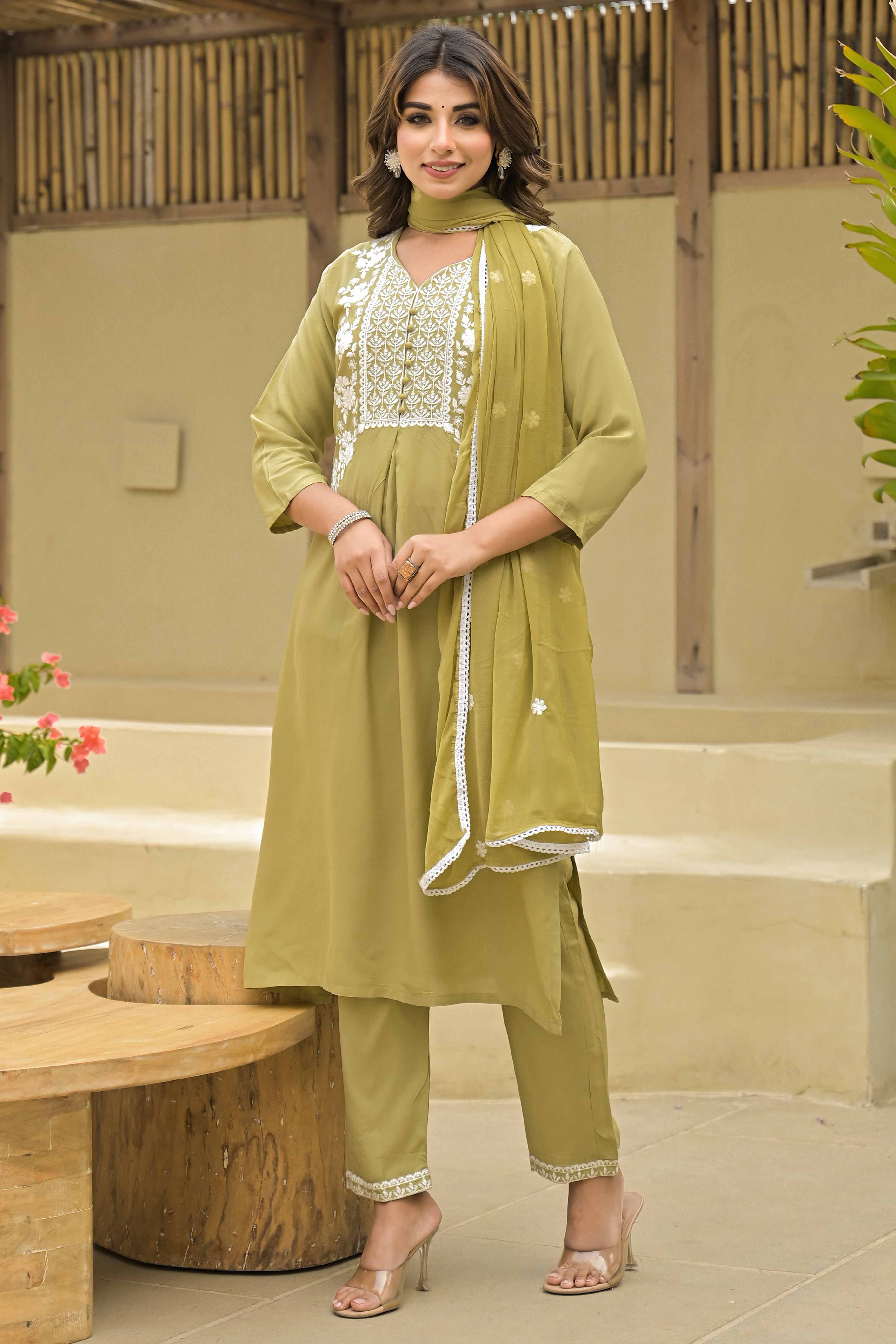 Peachmode Light Chikoo Floral Embroidered Rayon Salwar Suit - view 3