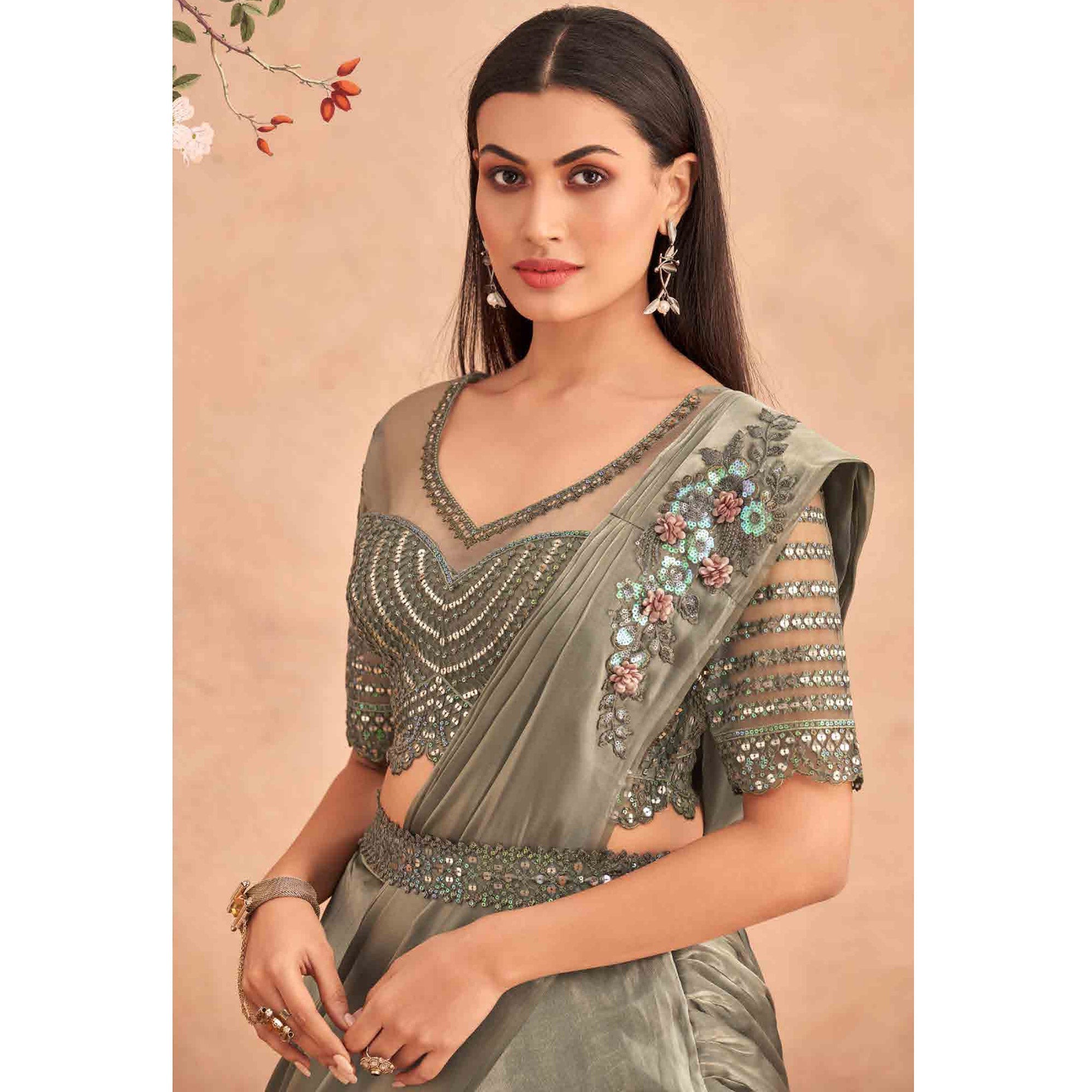 Peachmode Seller Grey Sequins Embroidered Ready to Wear Art Silk Saree - view 4