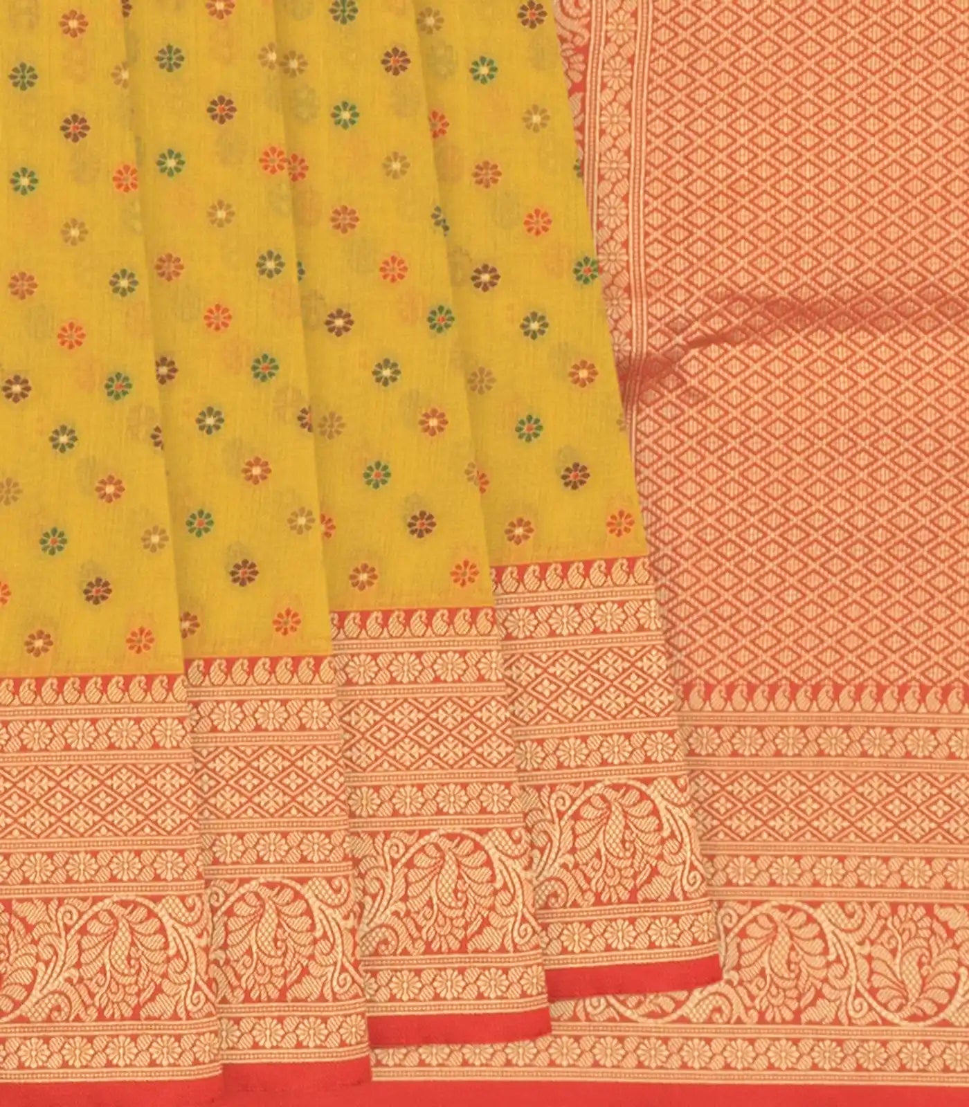RmKV Yellow Blended Pashmina Kani Saree With Floral Motifs & Red Border-Yellow