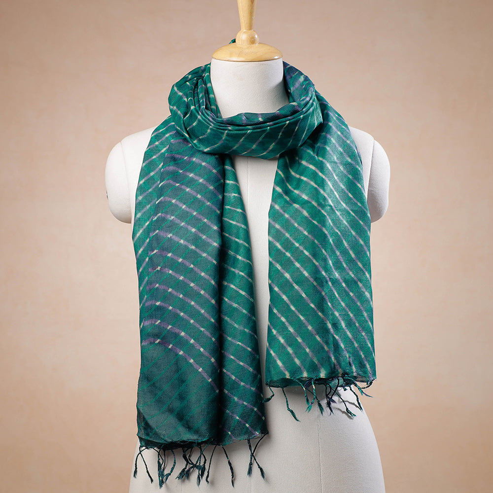 LEHARIYA BY BADSHAH MIYAN Green - Leheriya Tie-Dye Mothra Tussar Silk Handloom Stole with Tassels