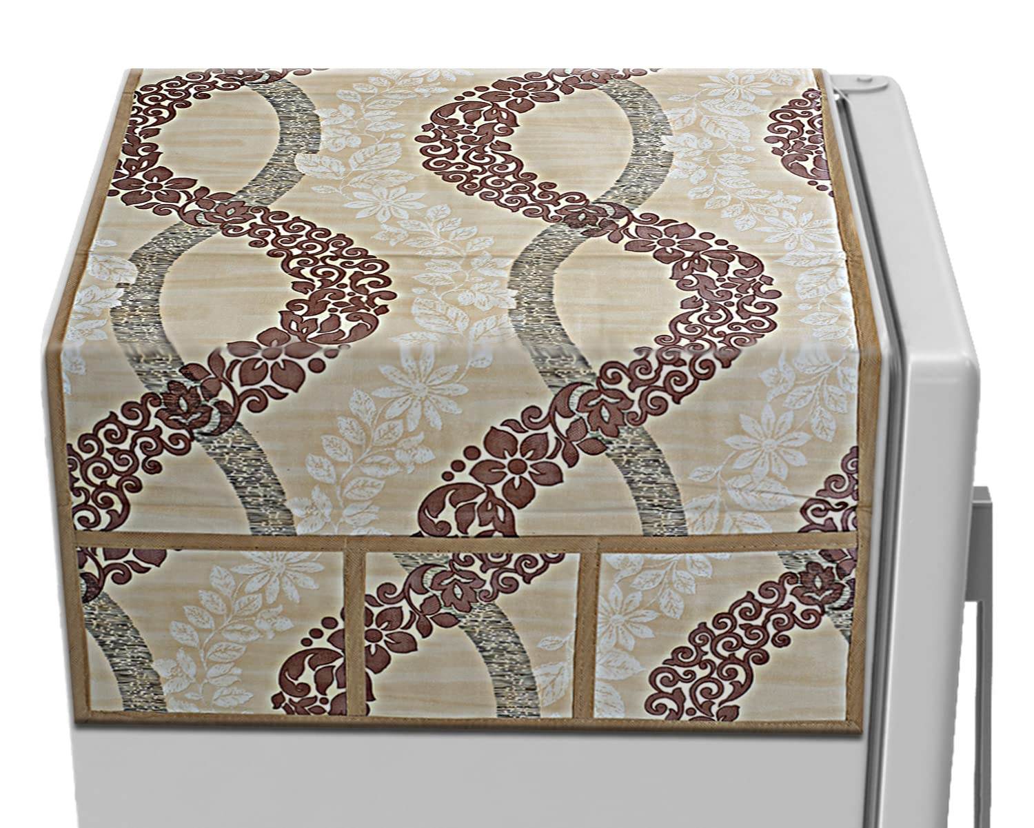 Kuber Industries Leaf Print PVC Fridge Top Cover, Protect for Scratches with 6 Utility Side Pockets (Cream)