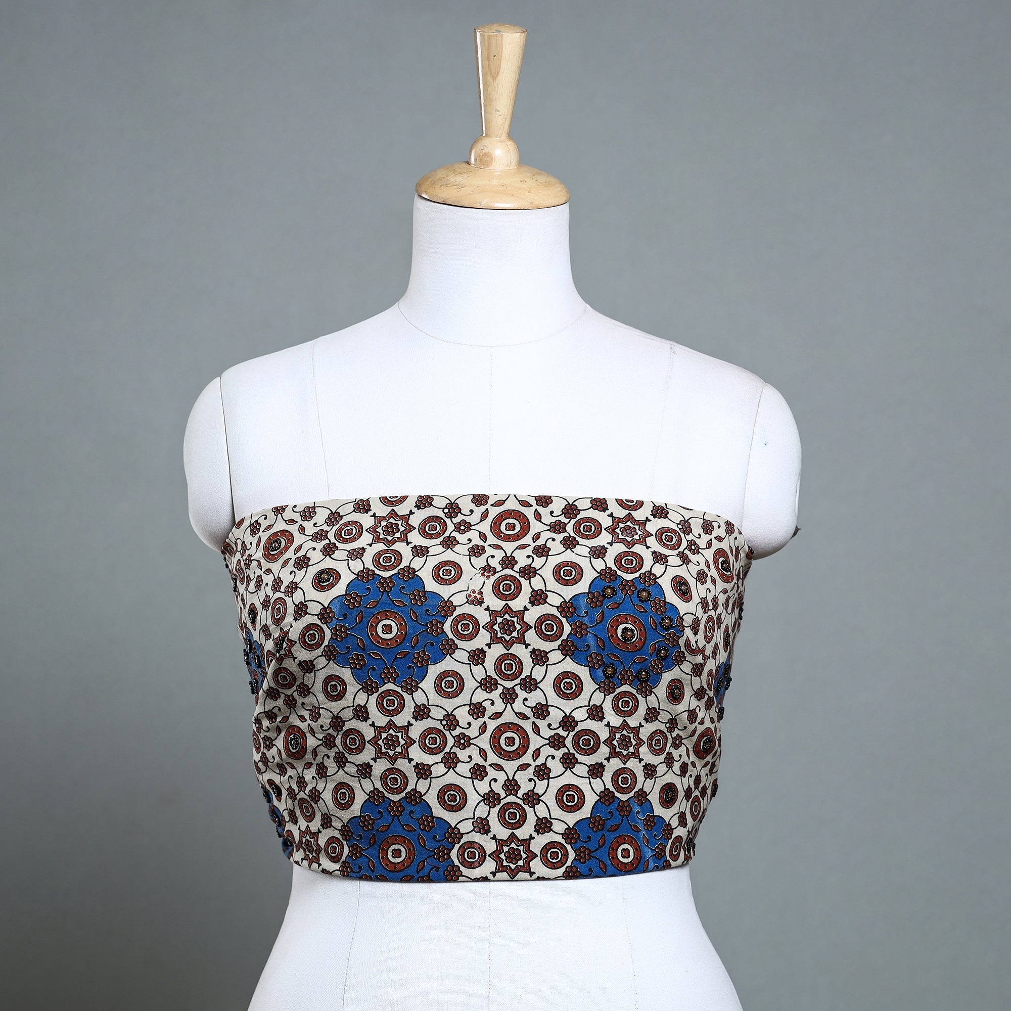 NOORI BAZAR Beige - Hand Embroidered Ajrakh Cotton Blouse Piece