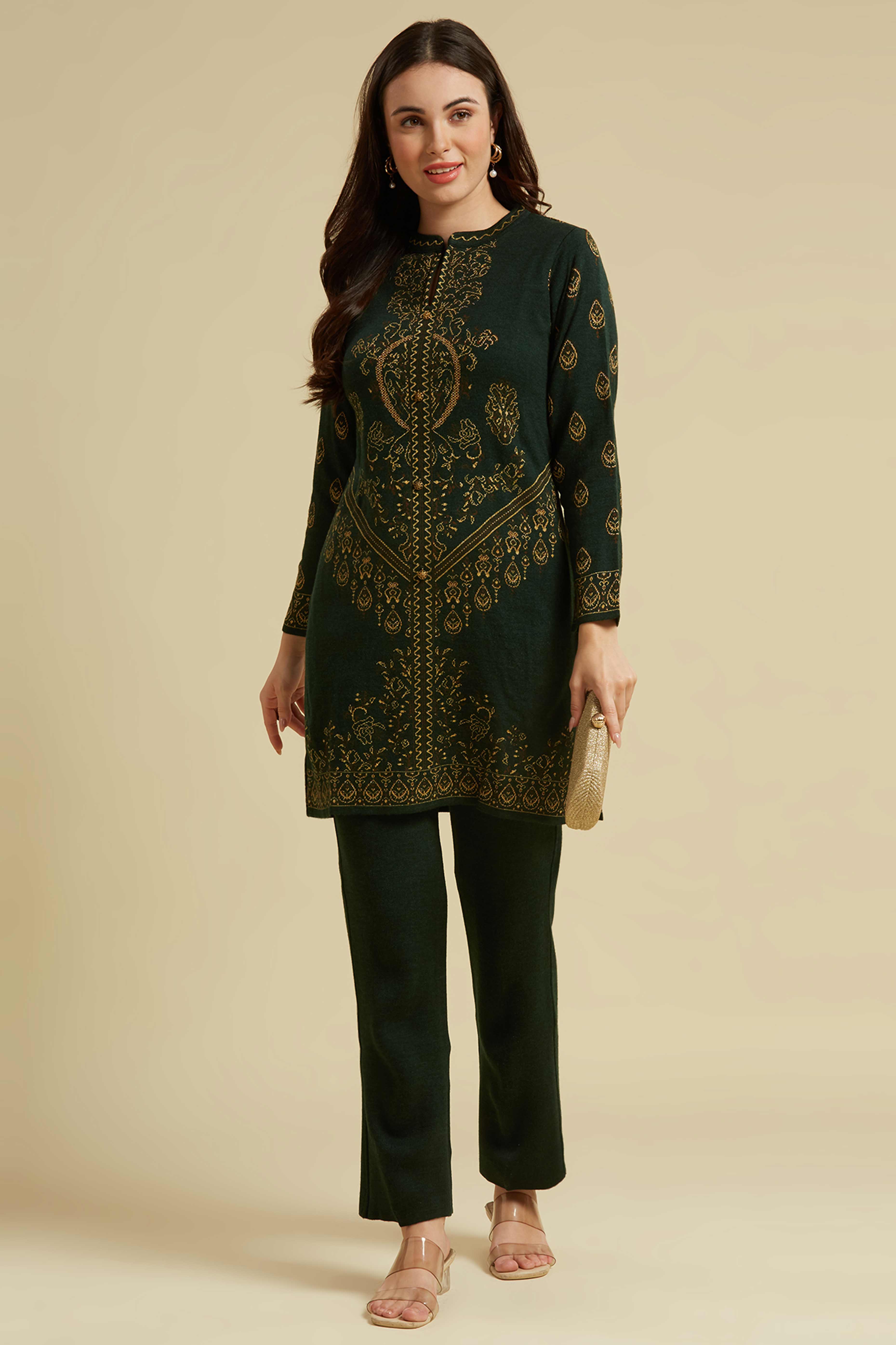 Peachmode Bottle Green Woven Woolen Straight Top Bottom Set