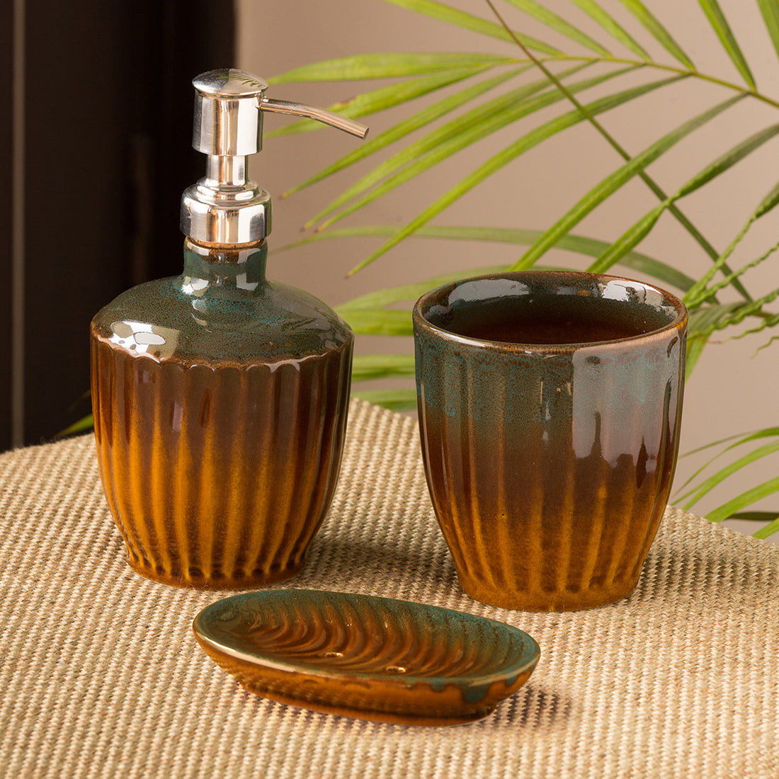 Bathroom accessory set – EXCLUSIVELANE The 'Amber & Teal' Studio Pottery Ceramic Bathroom Accessory (Set Of 3)