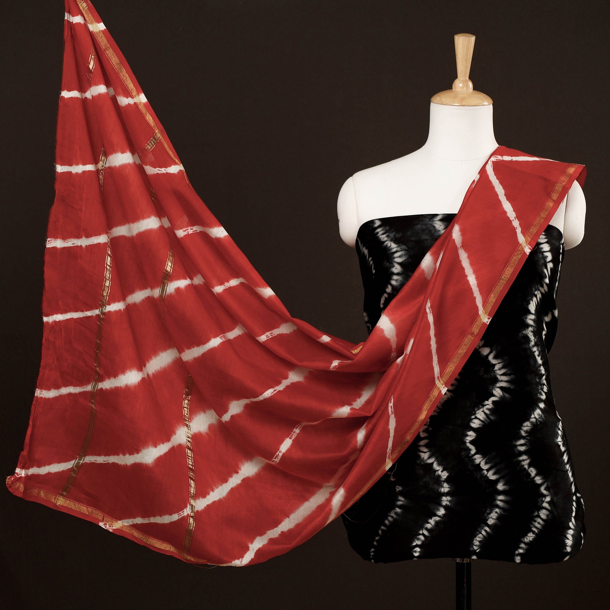 ARTISAN HAND BLOCK PRINTS Black - 3pc Black & Red Miura Shibori Tie-Dye Chanderi Silk Suit Material Set