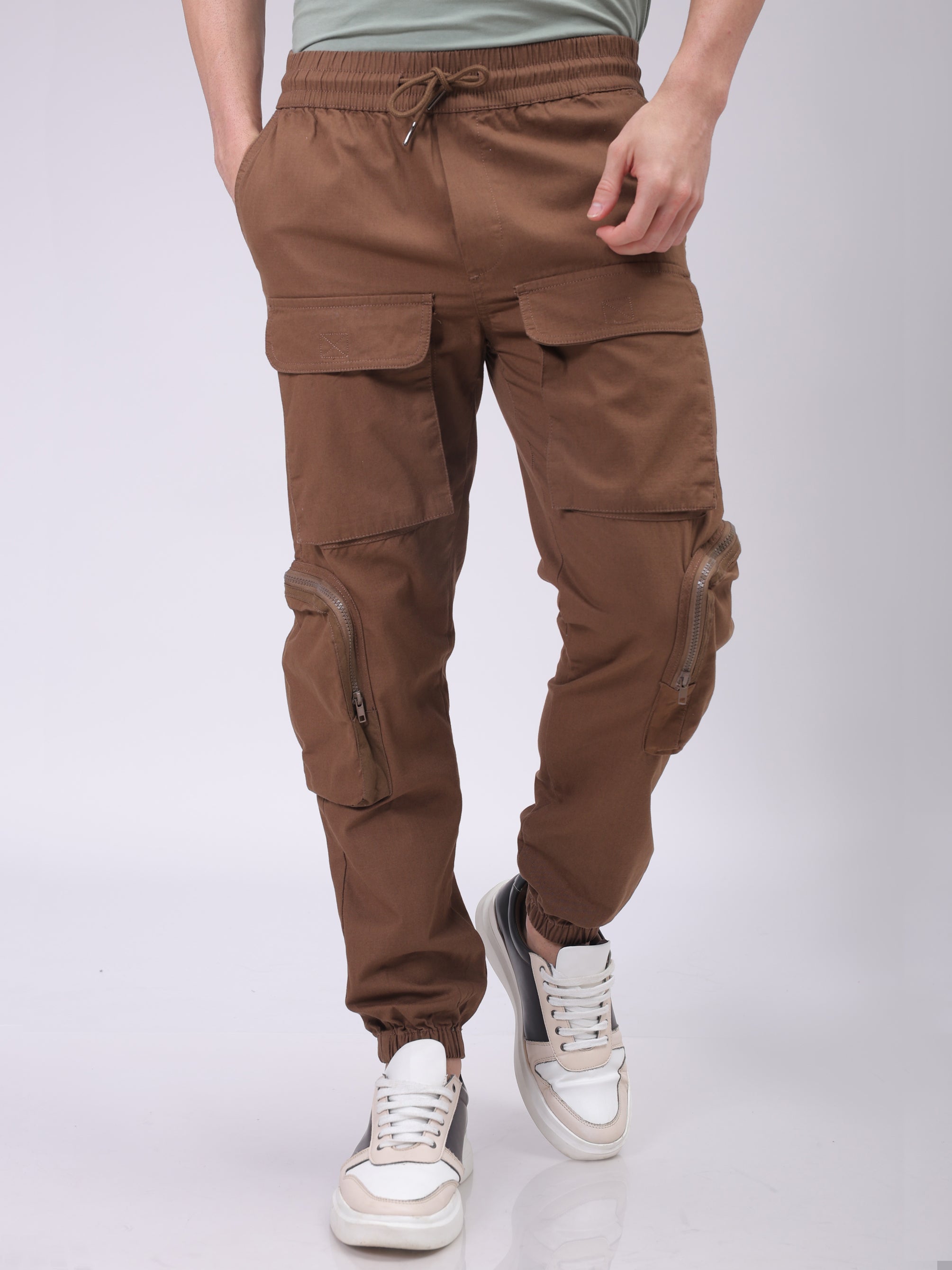 The Indian Garage Co Men's Brown Regular Fit Solid Utility Cargo Jogger