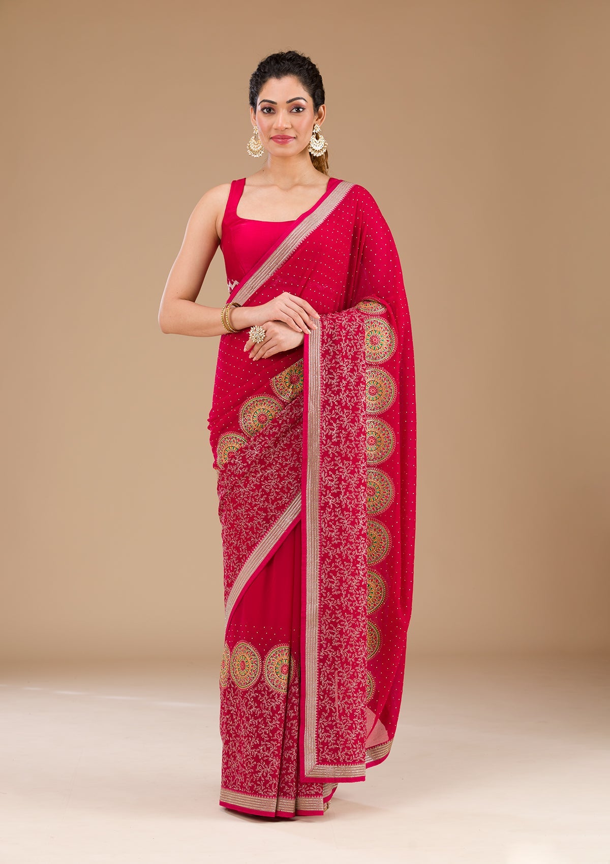 Koskii Rani Pink Threadwork Georgette Saree – Women's