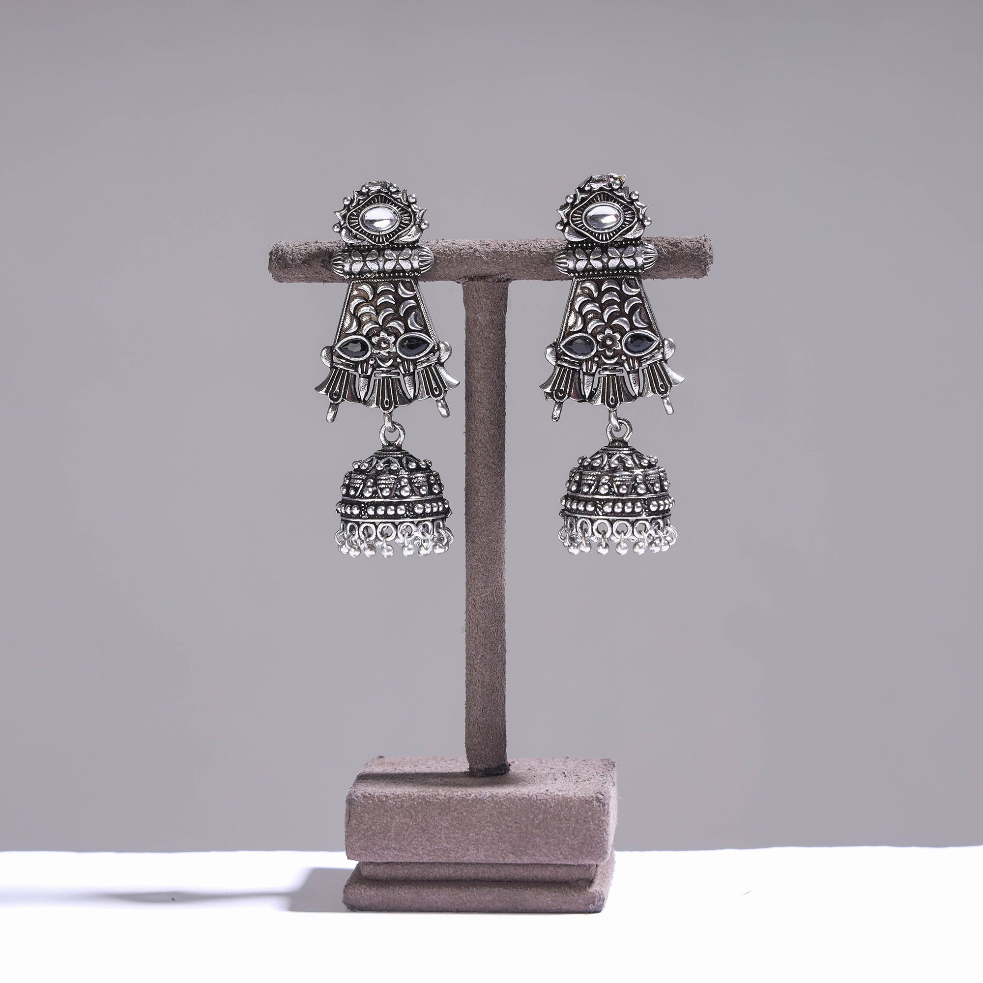 WHITE RIVER STORIES Antique Silver Finish Oxidised Brass Base Stone Work Jhumki Earrings