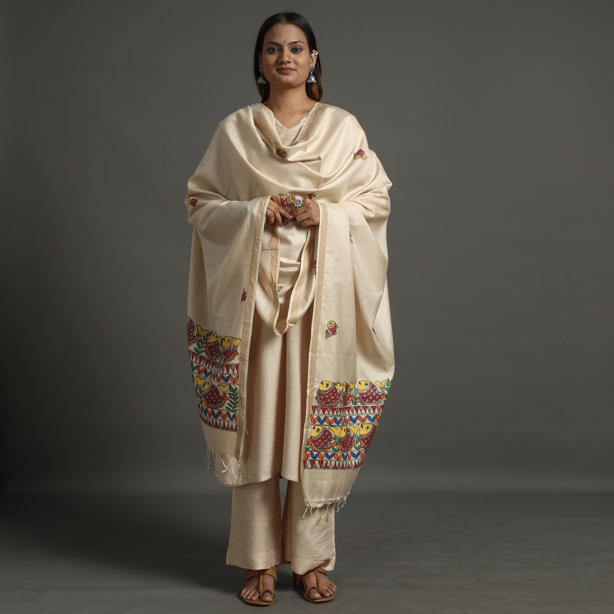 ITOKRI CRAFTS INITIATIVE Beige - Handpainted Tussar Cotton Handloom Madhubani Dupatta 06 - view 3