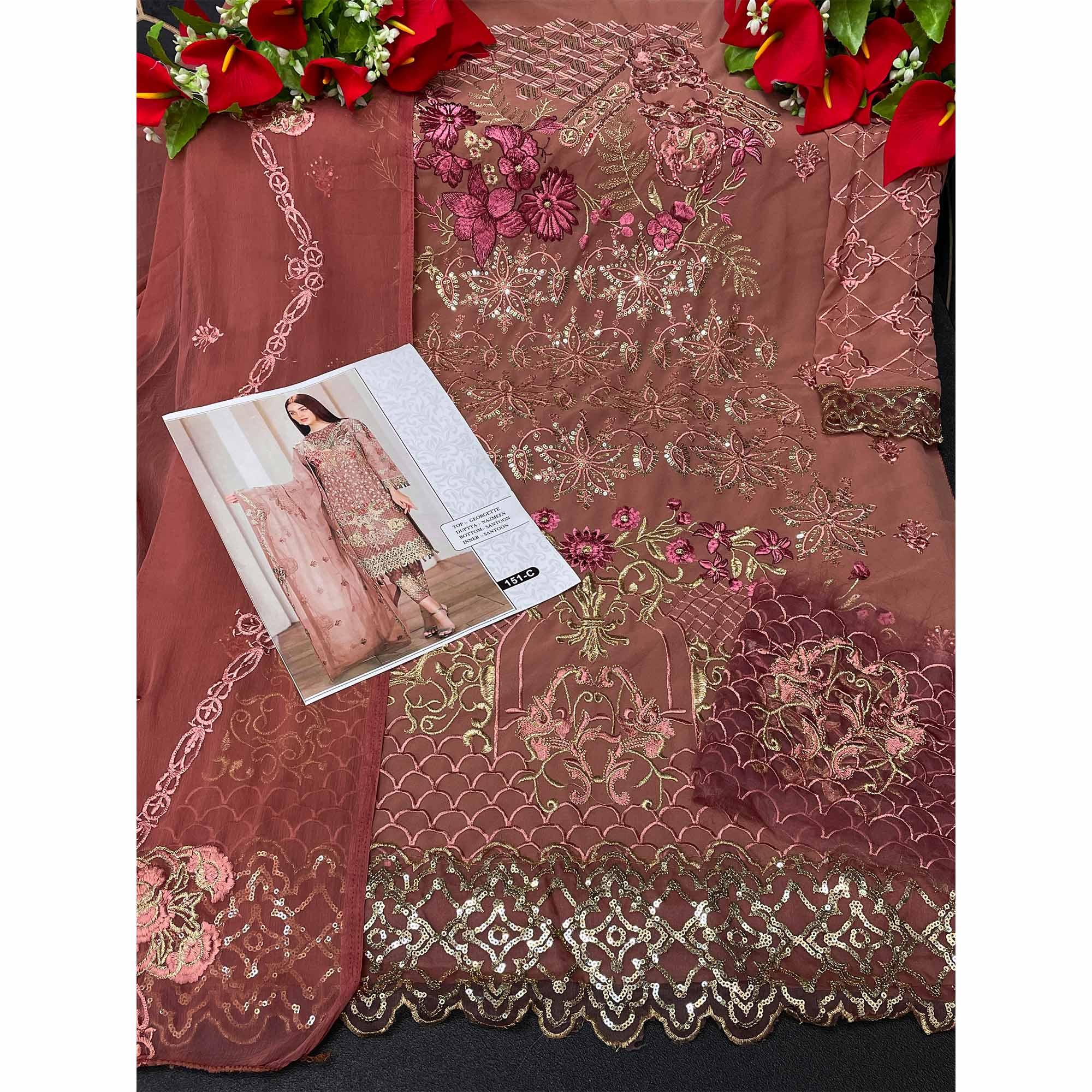 Peachmode Brown Embroidered Georgette Pakistani Suit - view 4