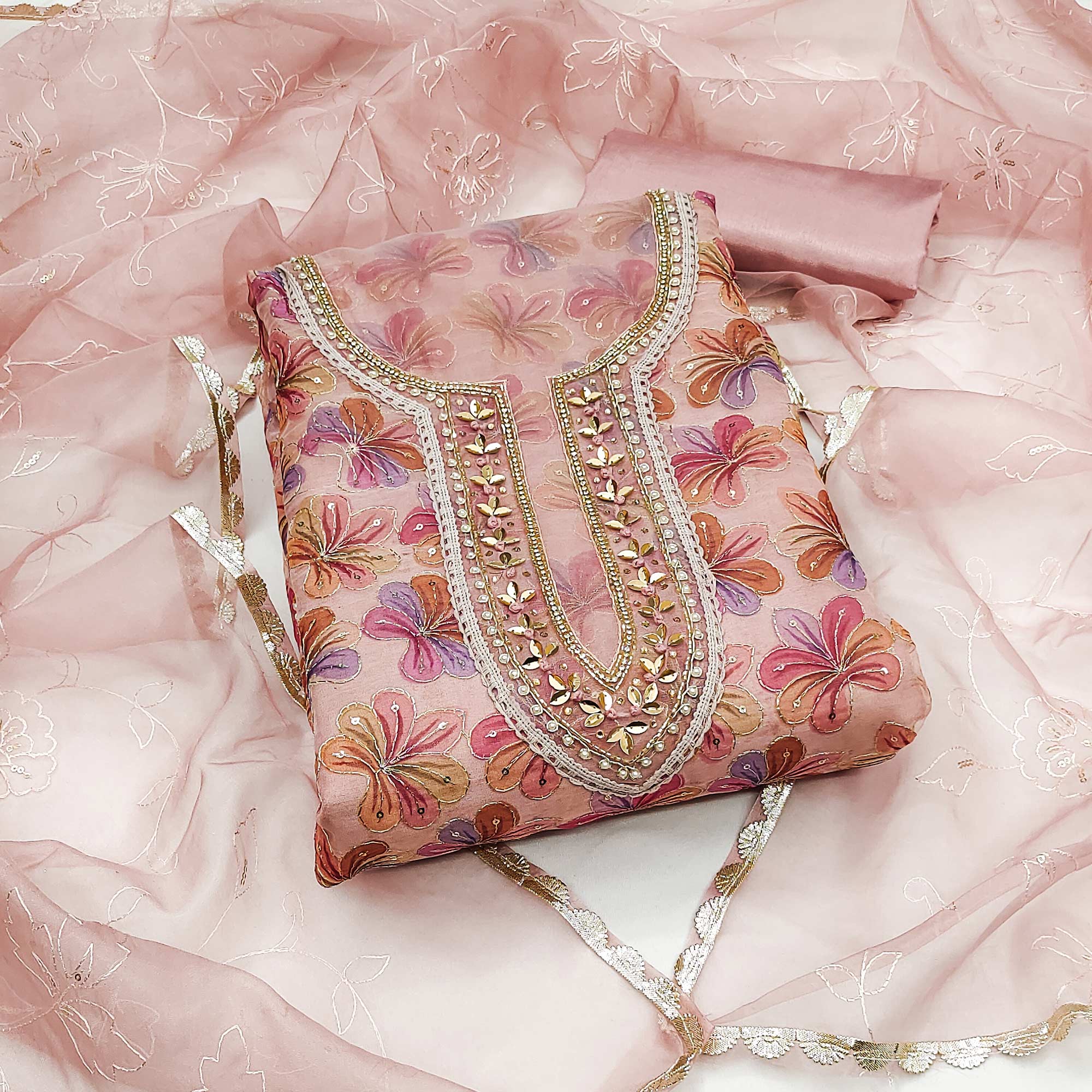 Peachmode Light Mauve Sequins Embroidered Organza Dress Material