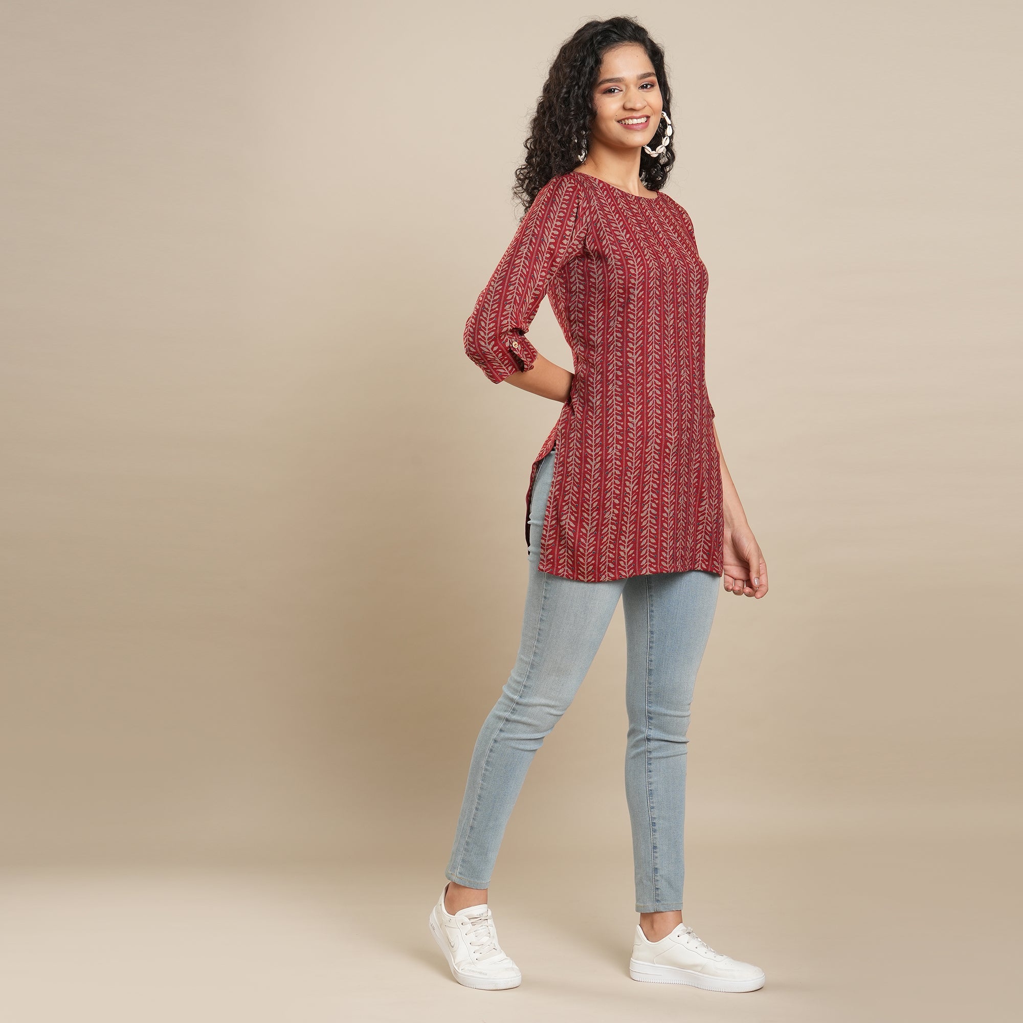 Peachmode Maroon Printed Rayon Top - view 7