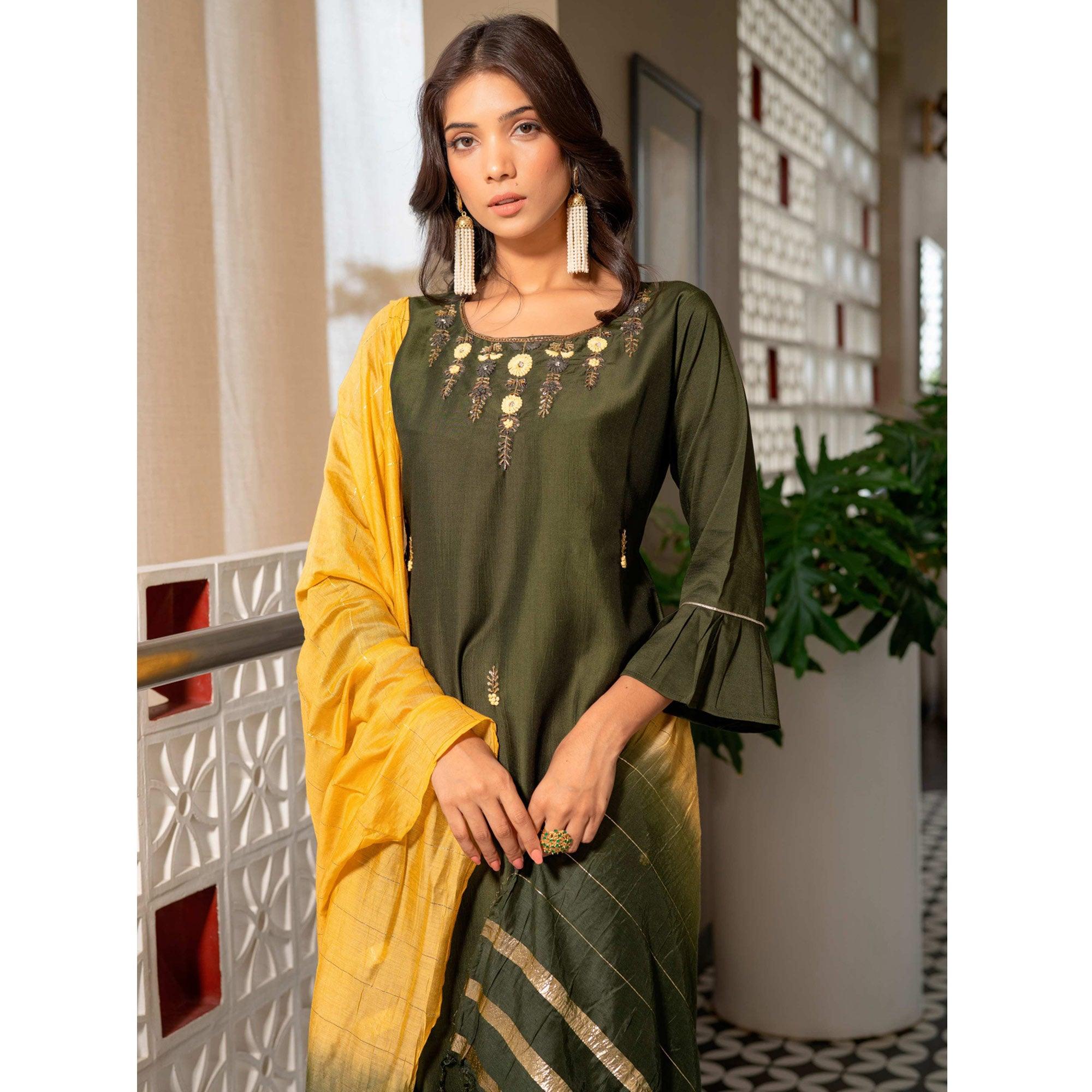 Peachmode Mehendi Green Partywear Floral Embroidered Georgette Suit - view 2