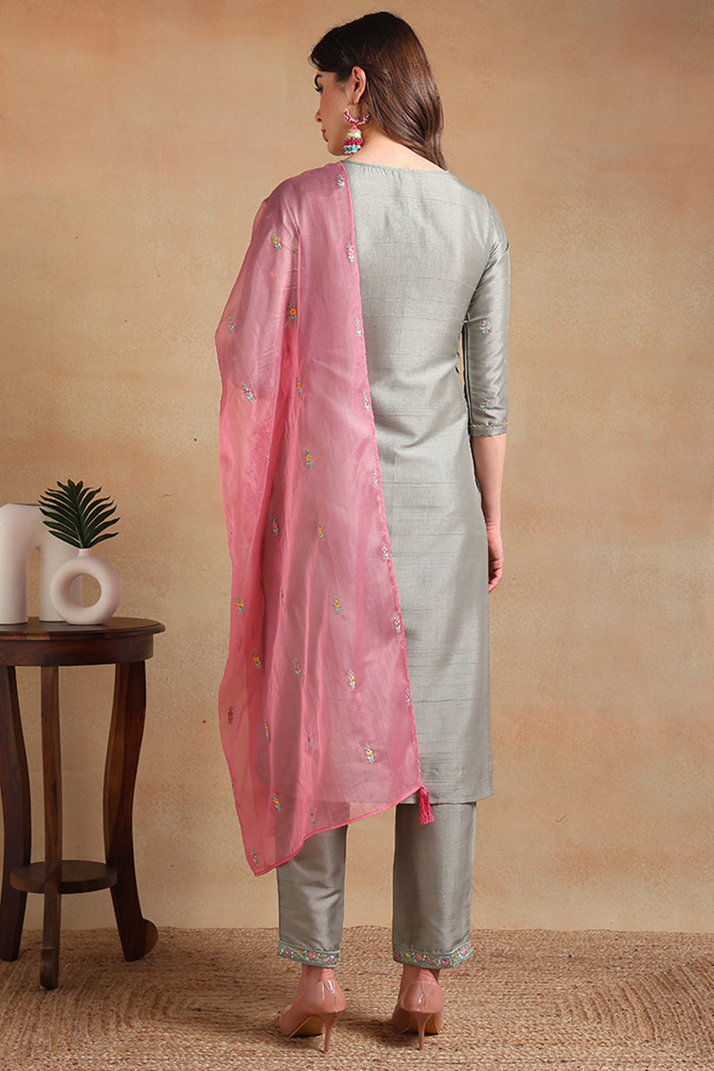 Ahika Grey Silk Blend Floral Embroidered Straight Trouser Suit Set PKSKD2339 - view 3