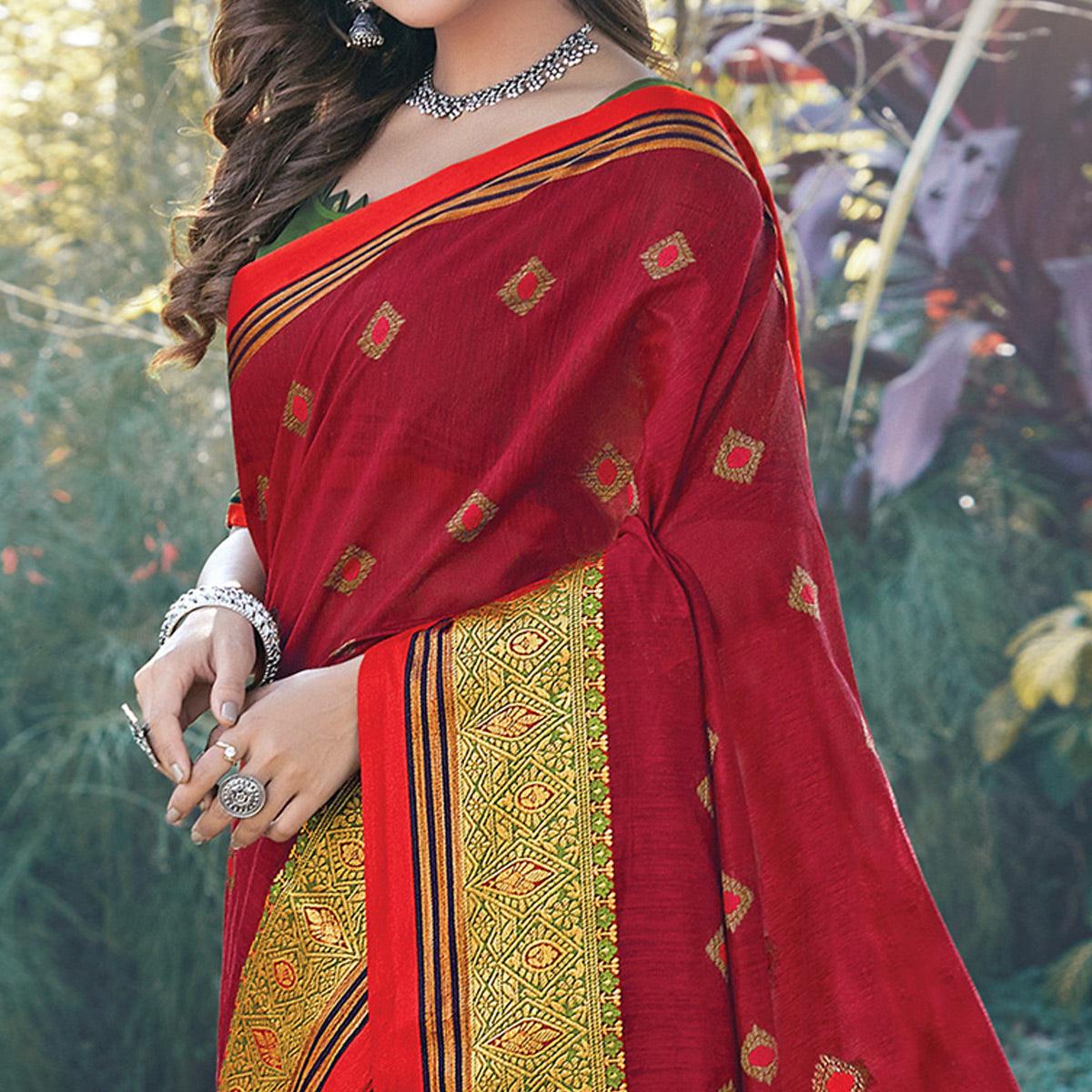 Peachmode Charming Red Colored Festive Wear Woven Cotton Saree - view 2