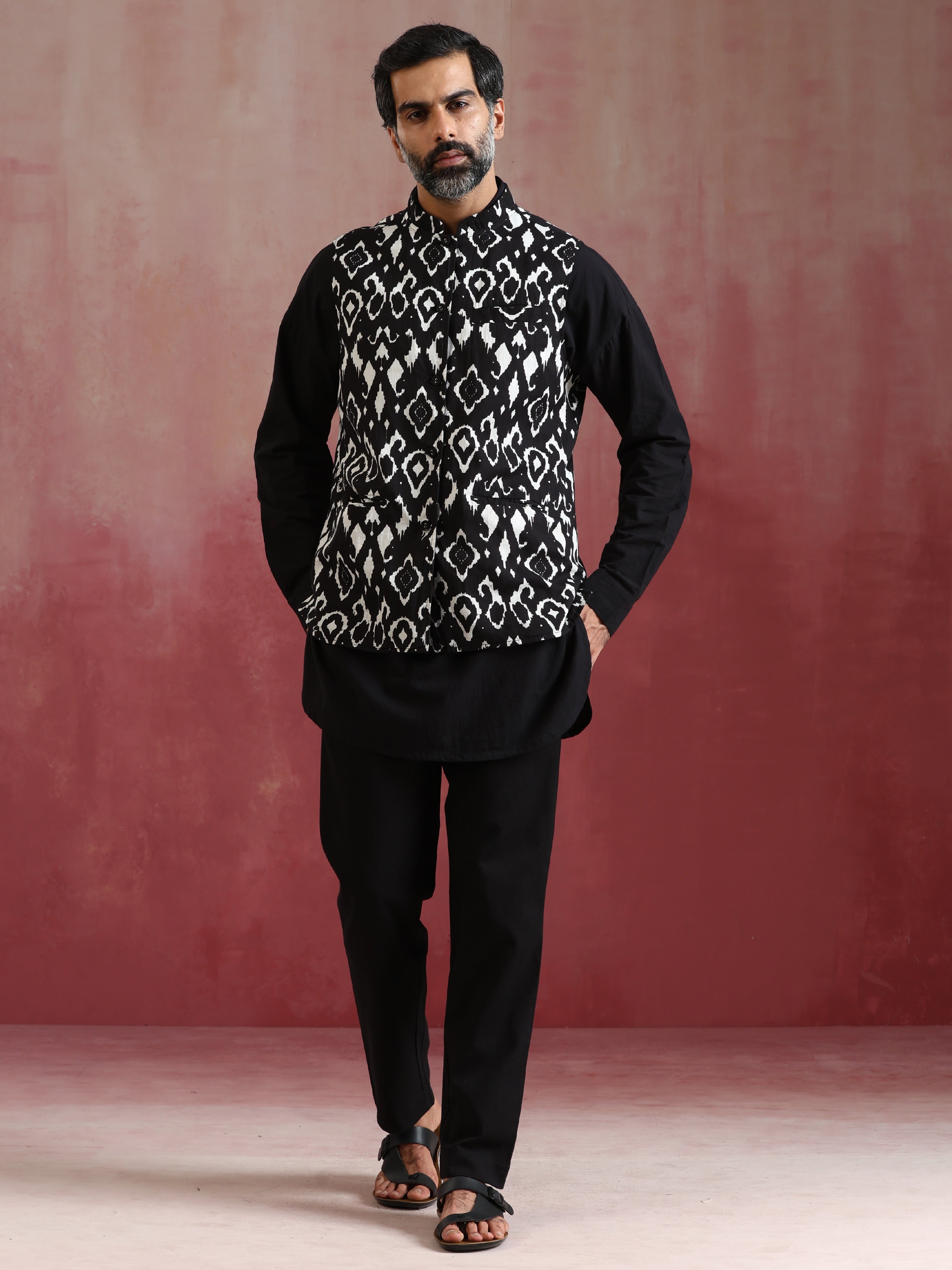 trueBrowns Men's Black Ikat Reversible Nehru Jacket - view 2
