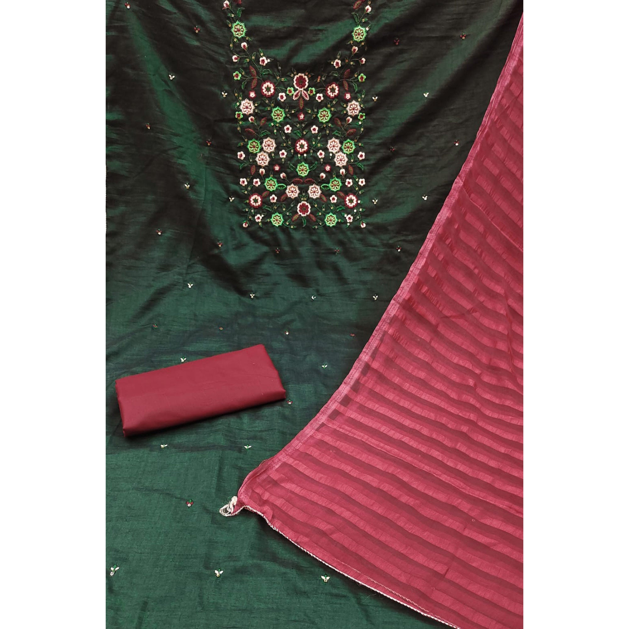 Peachmode Bottle Green Floral Sequins Embroidered Cotton Blend Dress Material - view 3