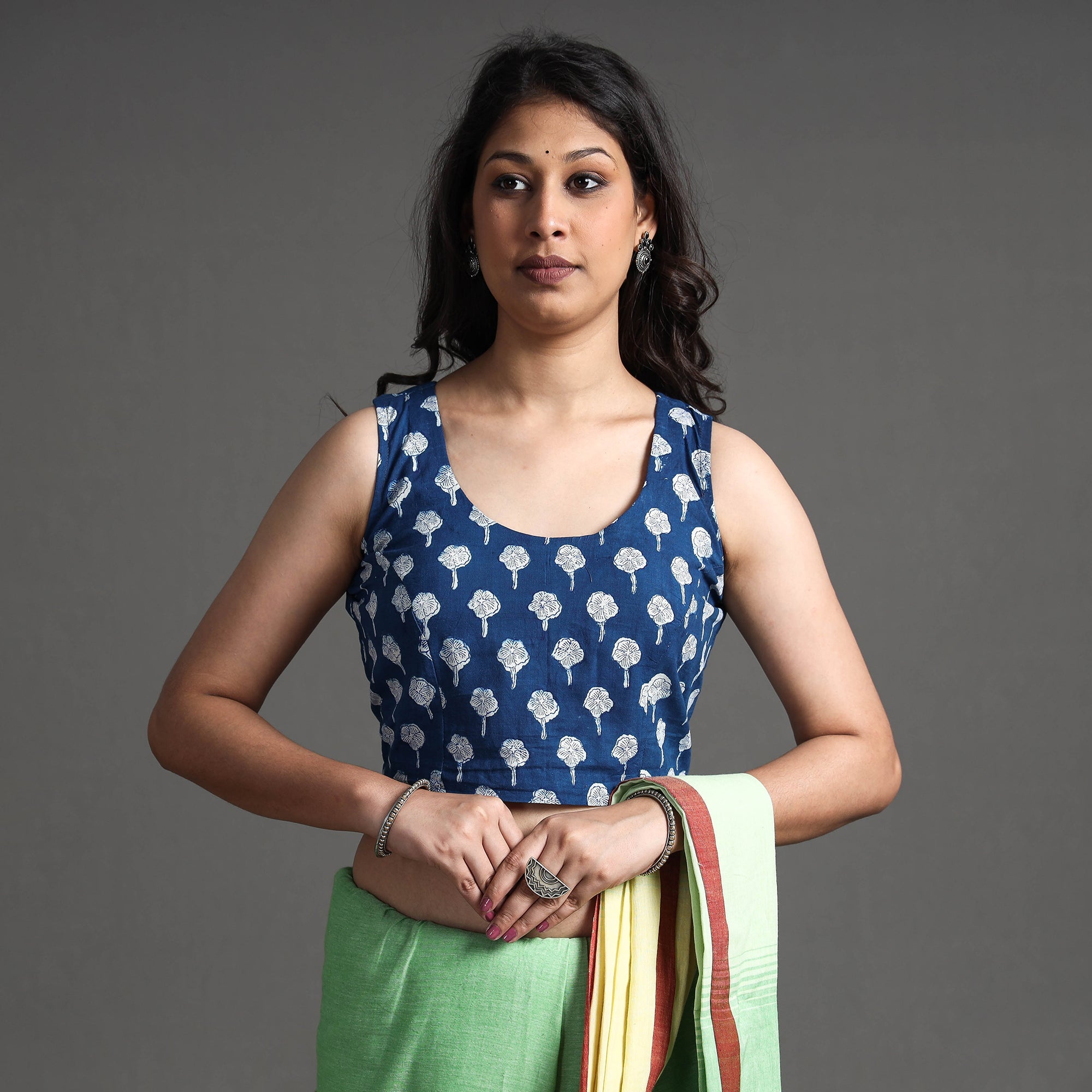 ITOKRI CASUALS Blue - Bagru Dabu Block Printed Cotton Stitched Sleeveless Blouse - view 2
