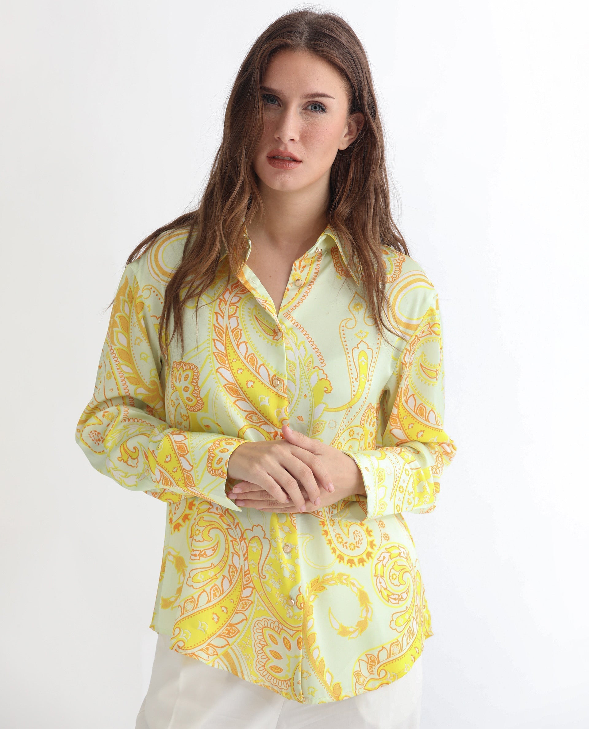 Rareism Women Lander Light Yellow Polyester Fabric Full Sleeves Button Closure Shirt Collar Regular Fit Paisley Print Top - view 6