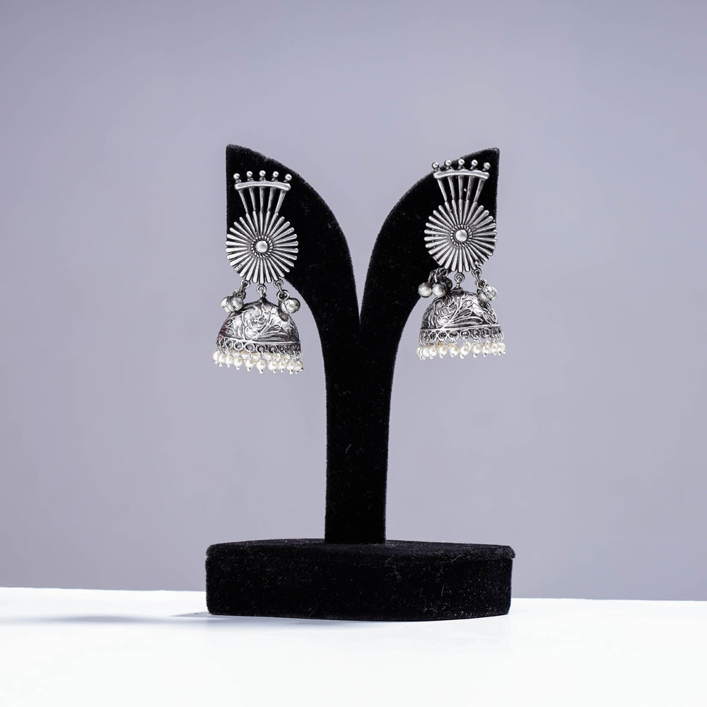 WHITE RIVER STORIES Antique Silver Finish Oxidised Brass Base Jhumki Earrings