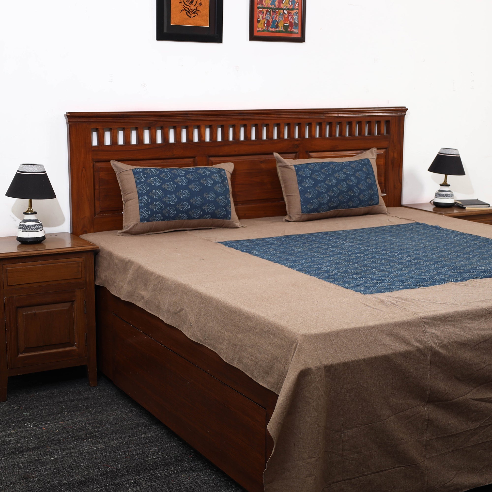 NOORI BAZAR Brown - Plain Cotton Double Bed Cover with Block Print Patchwork (94 x 89 In)