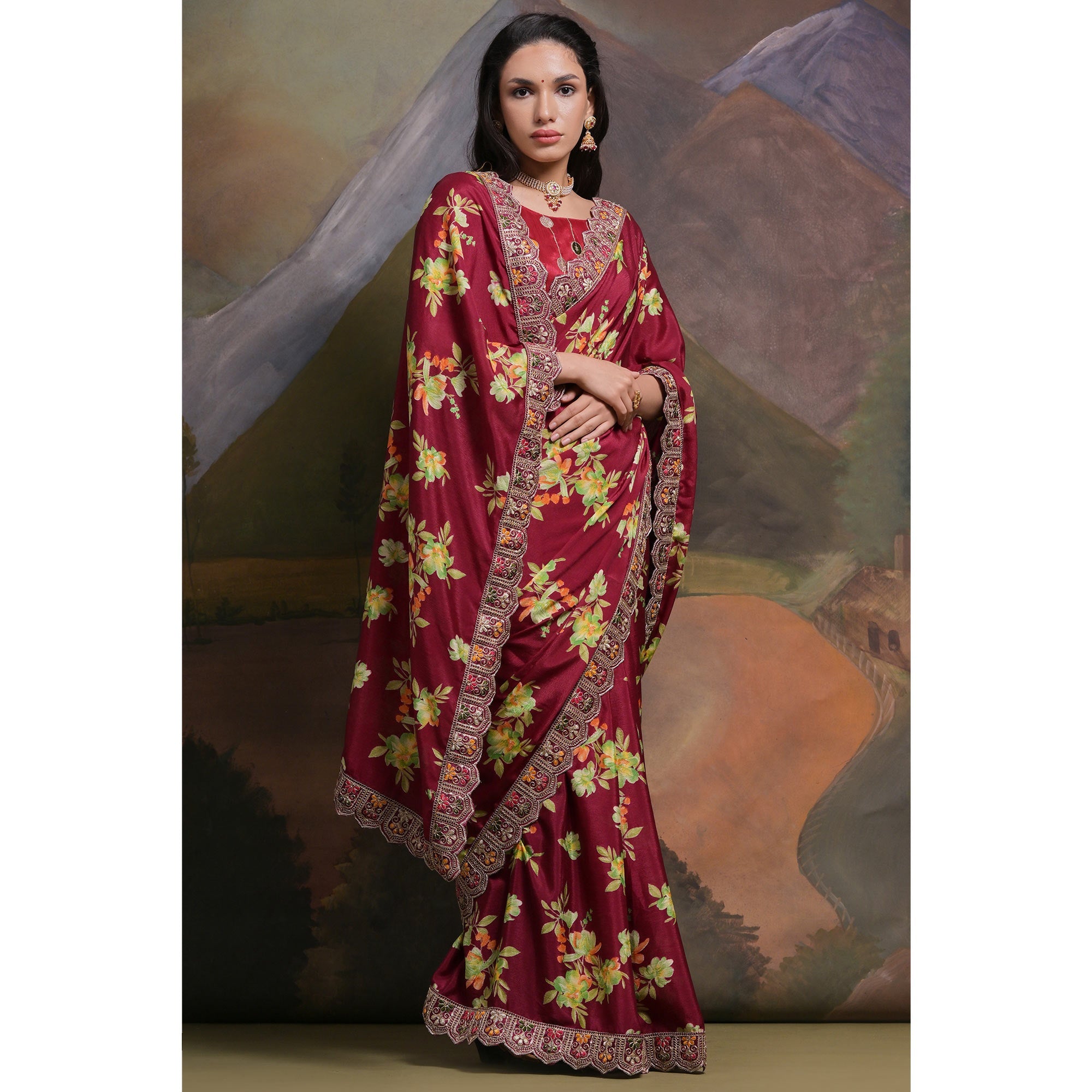 Peachmode Maroon Floral Printed Chinon Saree With Embroidered Border - view 5