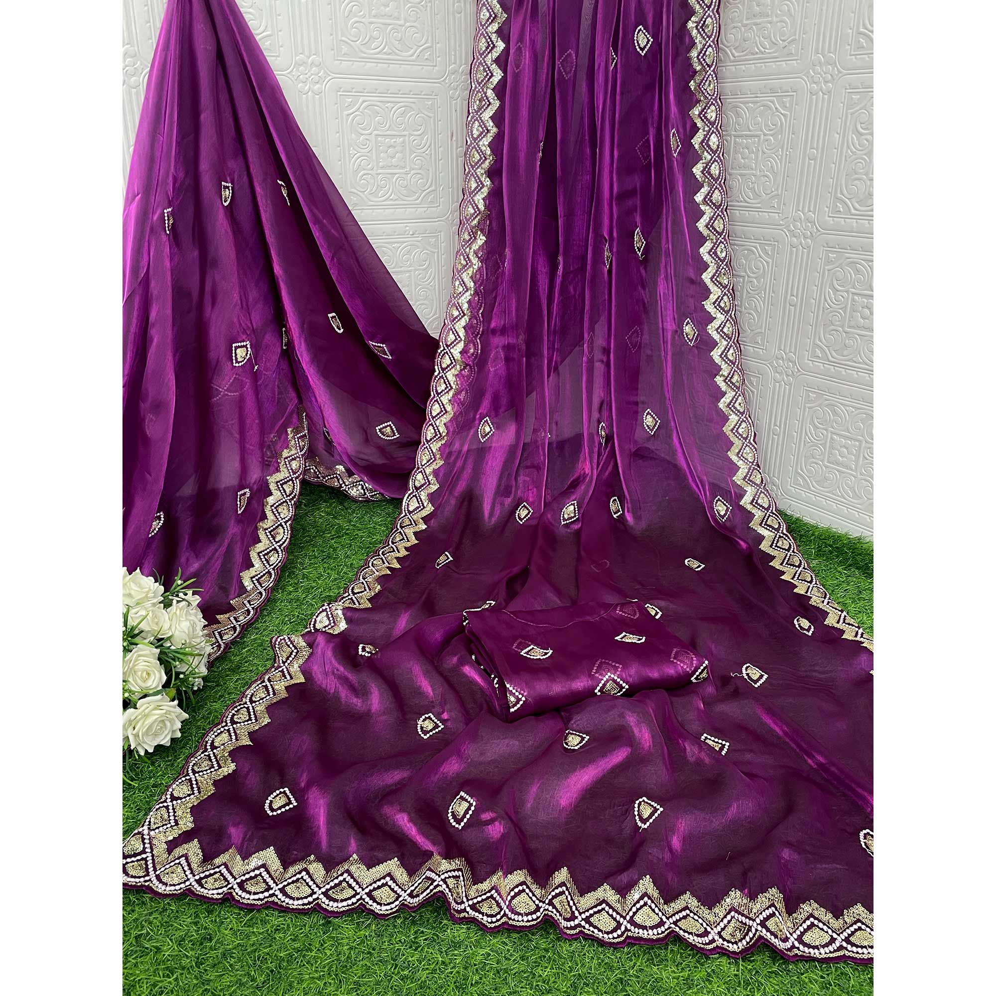 Peachmode Magenta Sequins Embroidered Satin Saree - view 3