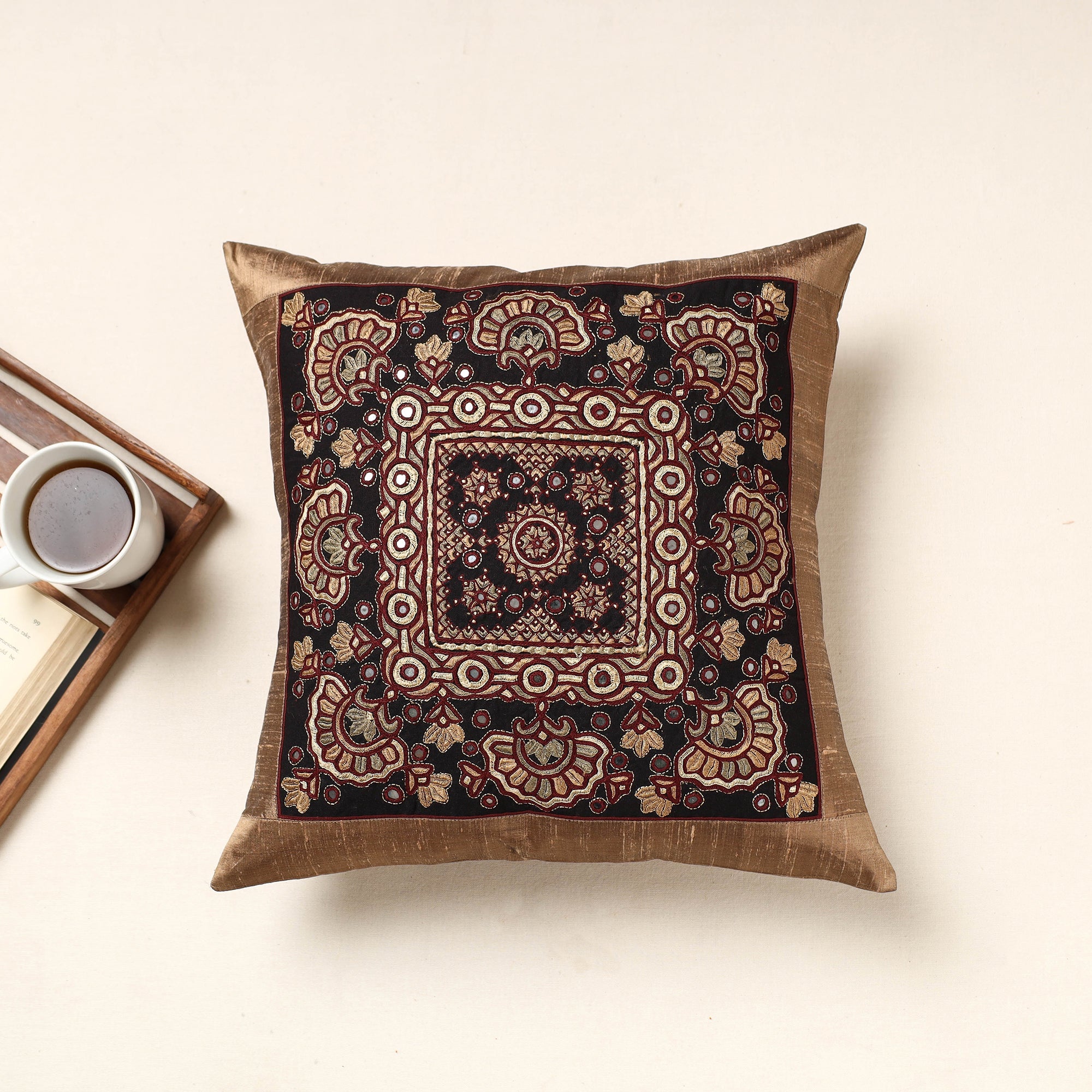 QASAB Brown - Kutch Pakko Hand Embroidery Silk Cushion Cover (16 x 16 in)