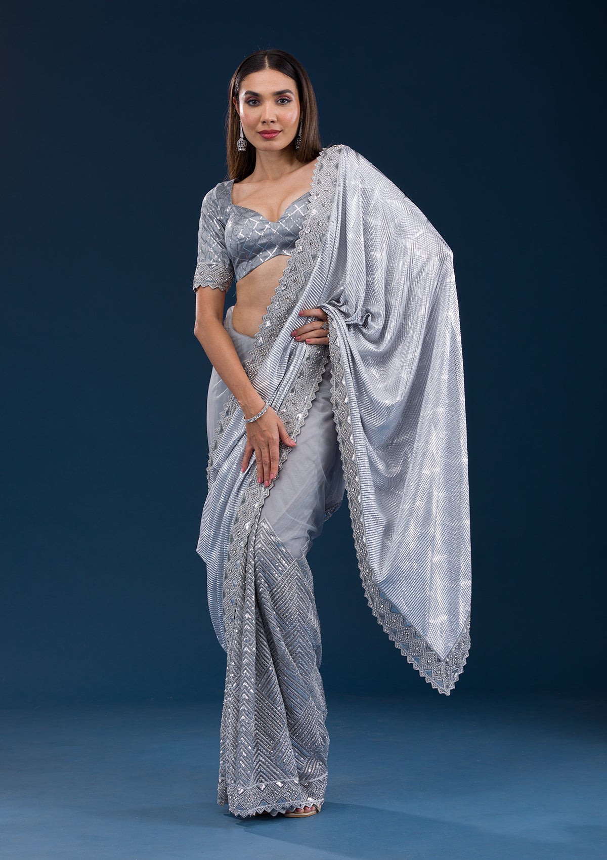 Koskii Grey Stonework Semi Crepe Saree – Women's - view 5