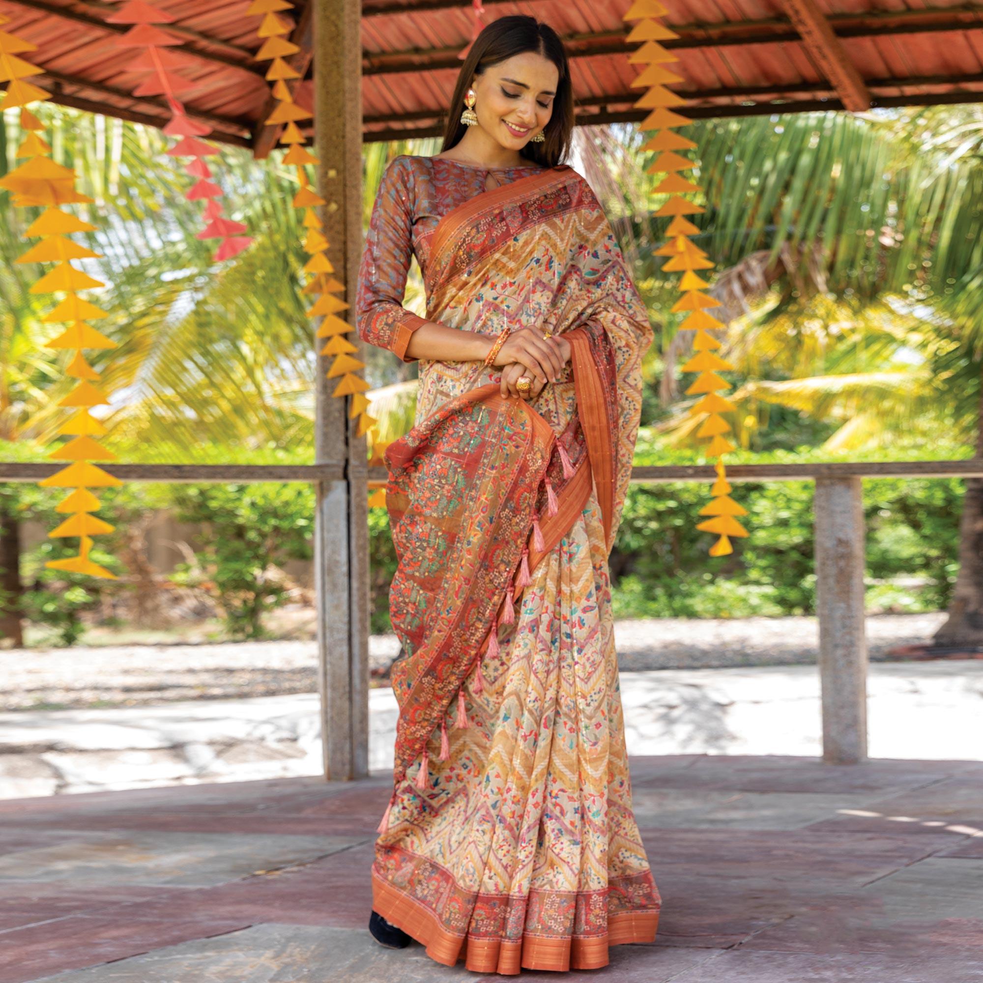 Peachmode Cream Digital Printed Linen Saree With Tassels - view 2