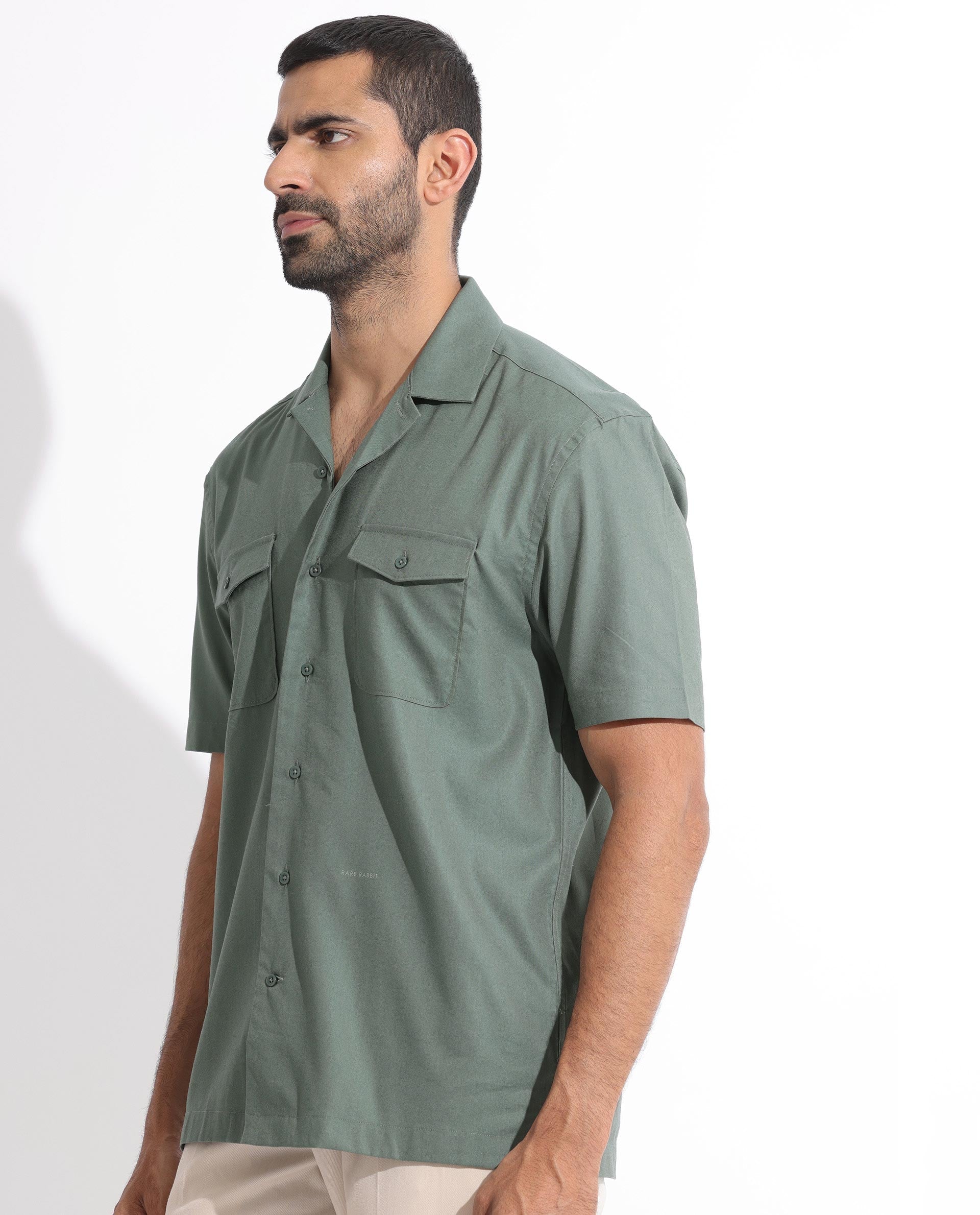 Rare Rabbit Men's Salford Dusky Green Cuban Collar Half Sleeves Two Flap Pocket Solid Shirt - view 3