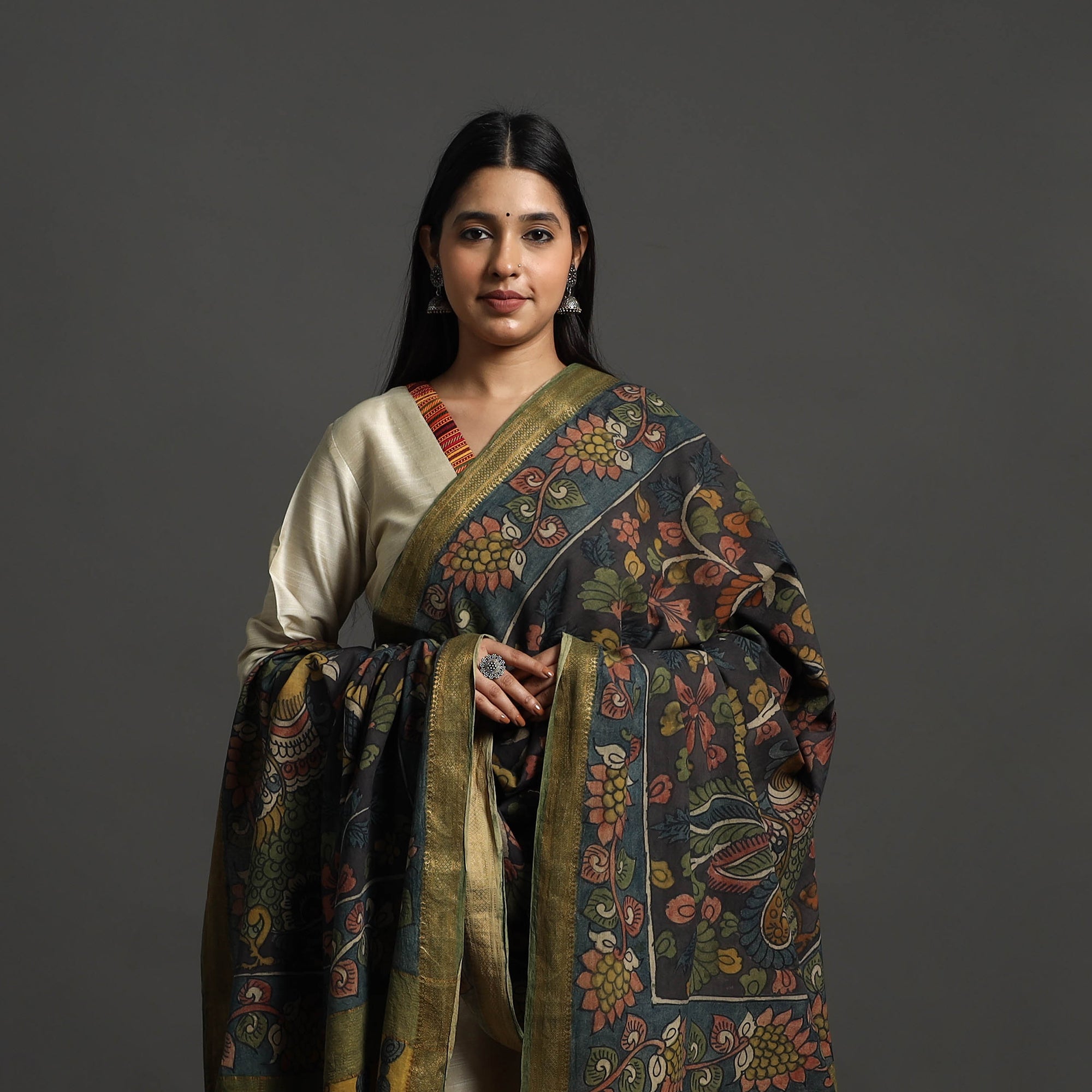 SOUTH KARGHA Black - Mangalagiri Cotton Handpainted Pen Work Kalamkari Dupatta 10 - view 3