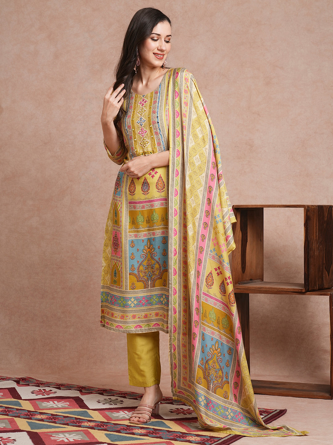 FASHOR Ethnic Printed & Mirror Embroidered Straight Fit Kurta with Pant and Dupatta - Green