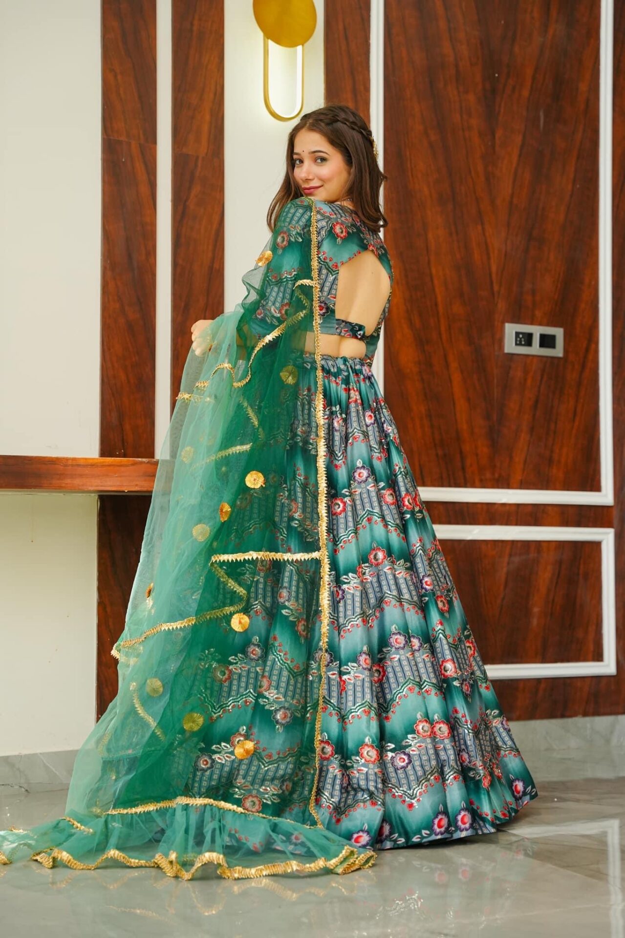 Idaho-o Green silk embroidered lehenga choli set - view 5