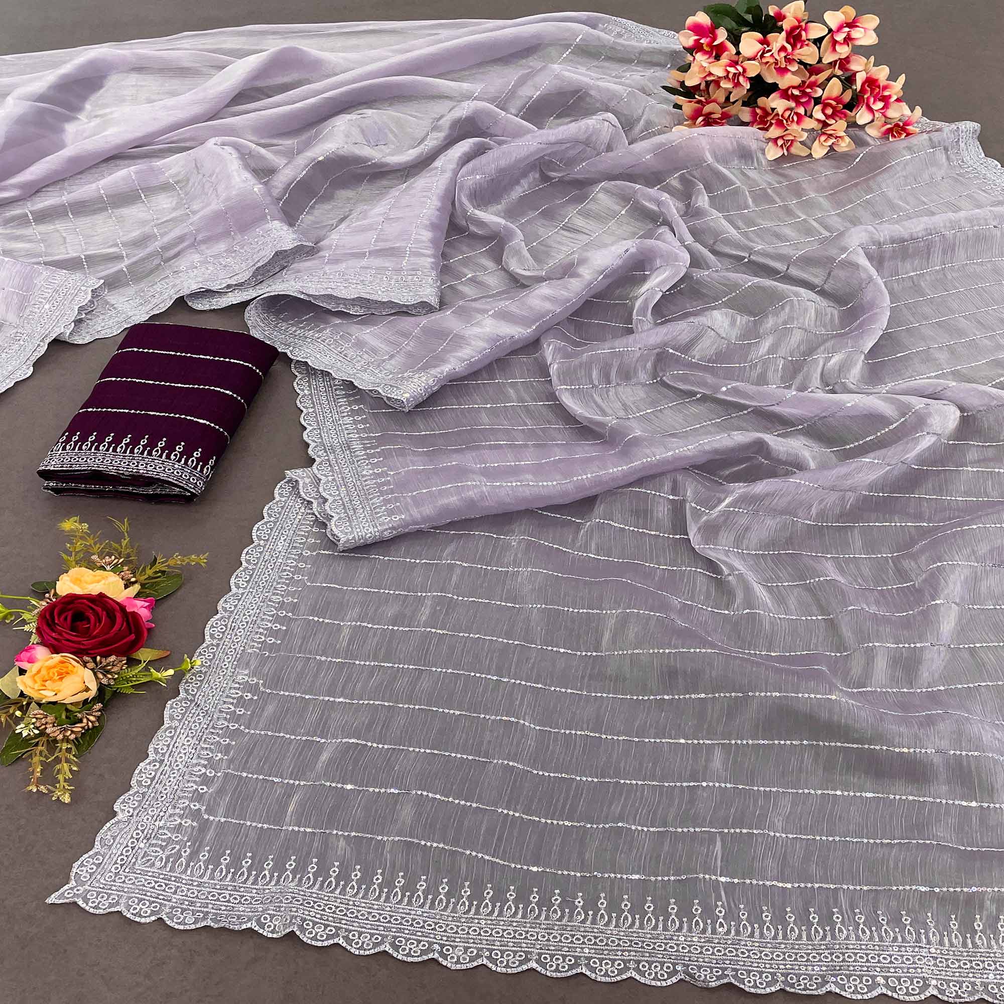 Peachmode Lavender Sequins Embroidered Chiffon Silk Saree