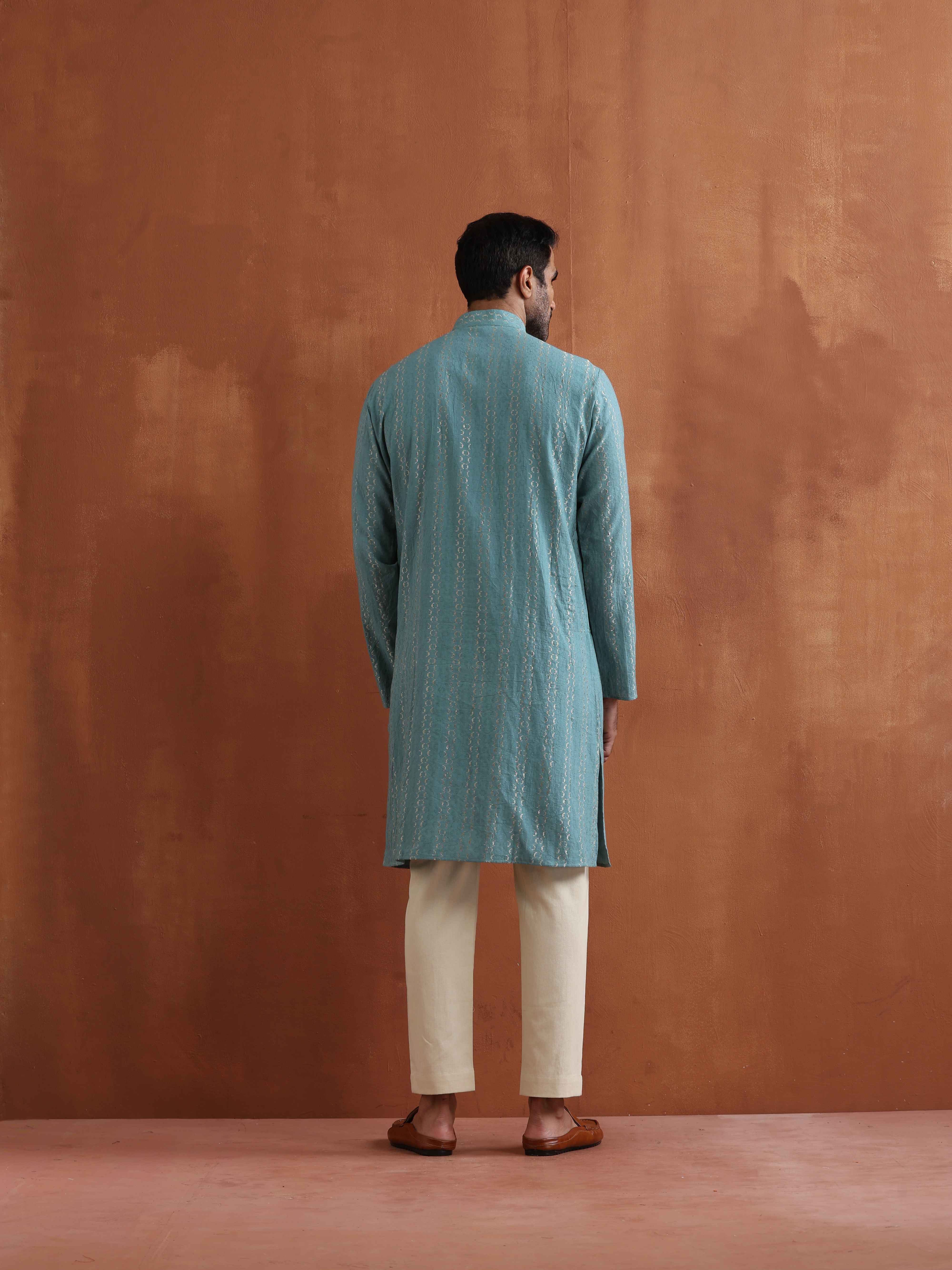 trueBrowns Men's Green Textured Cotton Dobby Kurta - view 5