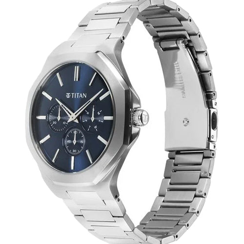 Titan Classic Slim Multifunction Quartz Multifunction Blue Dial Stainless Steel Strap Watch For Men 43.5mm NT90198SM01 - view 2