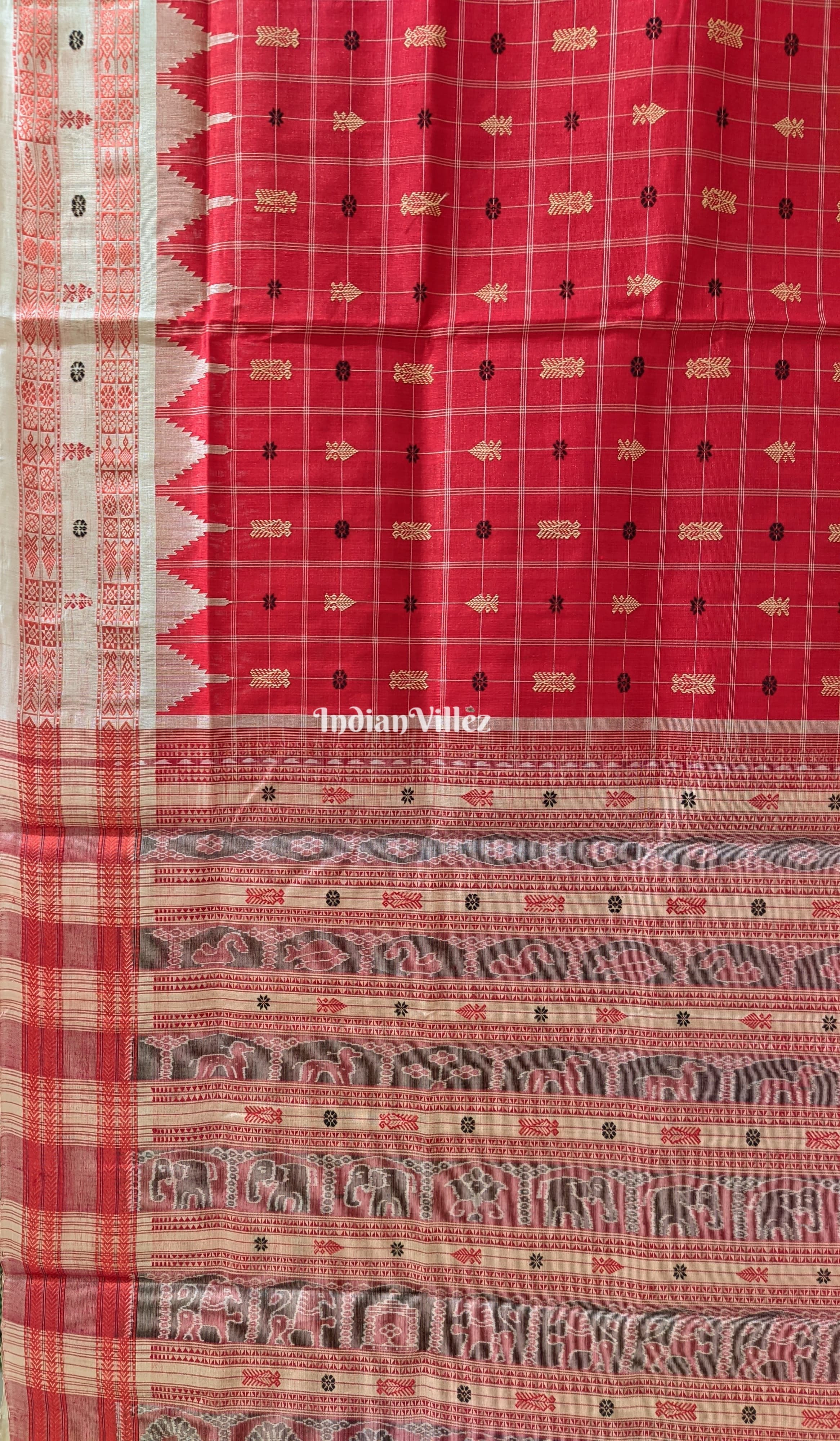 IndianVillèz Red Hazar Buti Sambalpuri Bomkai Tussar Saree - view 3