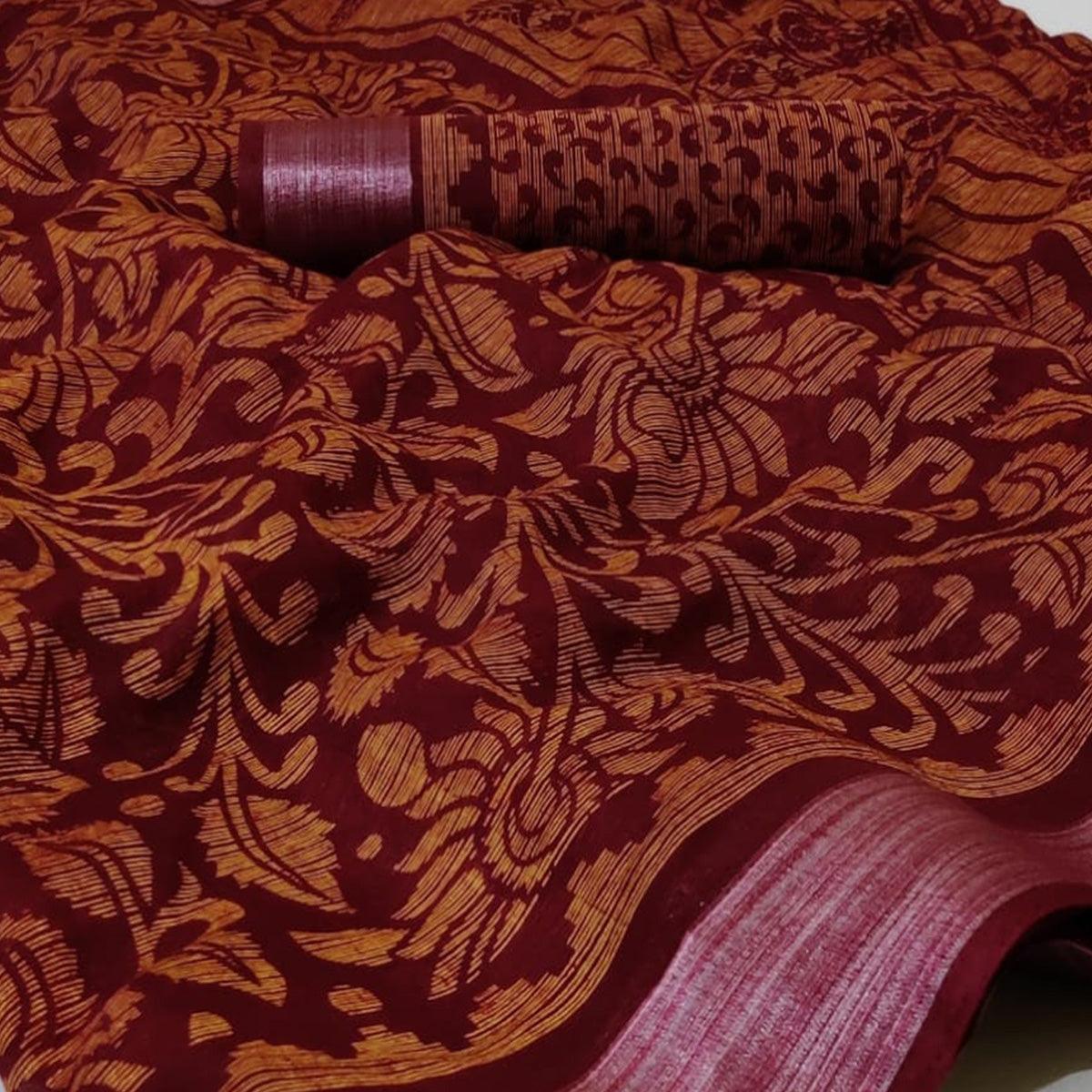 Peachmode Maroon Casual Wear Mill Printed Linen Cotton Saree With Silver Zari Border - view 2