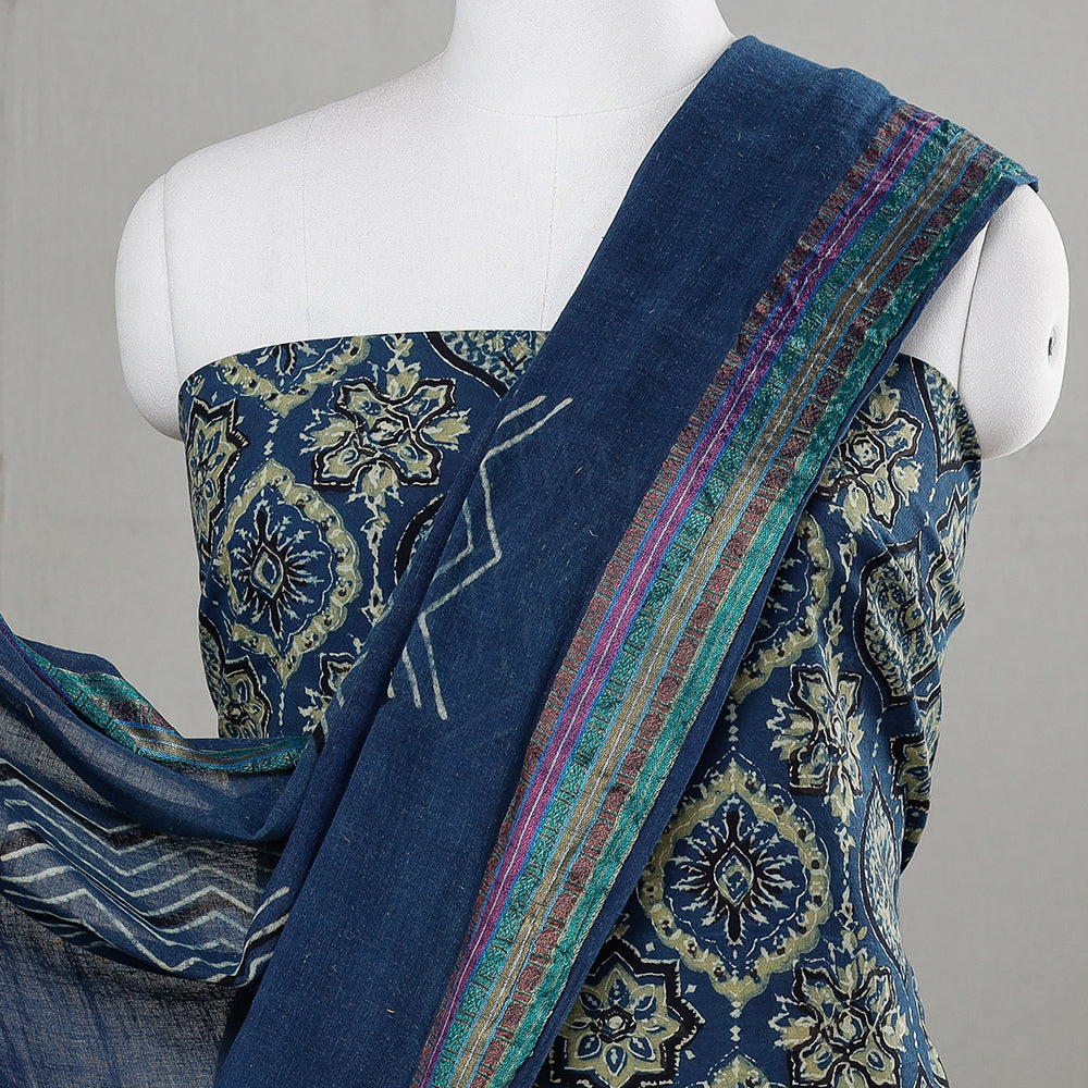 KACHCHH JI CHHAAP Blue - 3pc Ajrakh Block Printed Cotton Suit Material Set - view 3