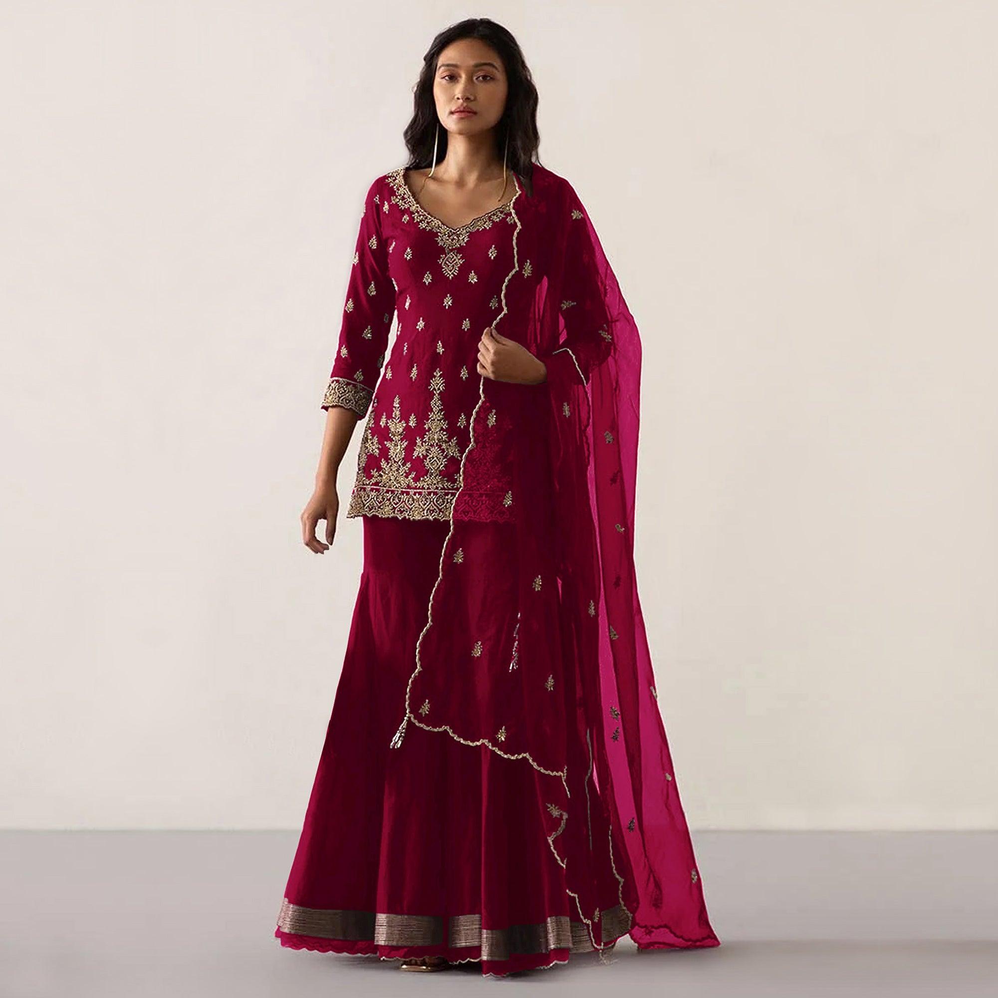 Peachmode Maroon Embroidered Georgette Sharara Suit - view 2