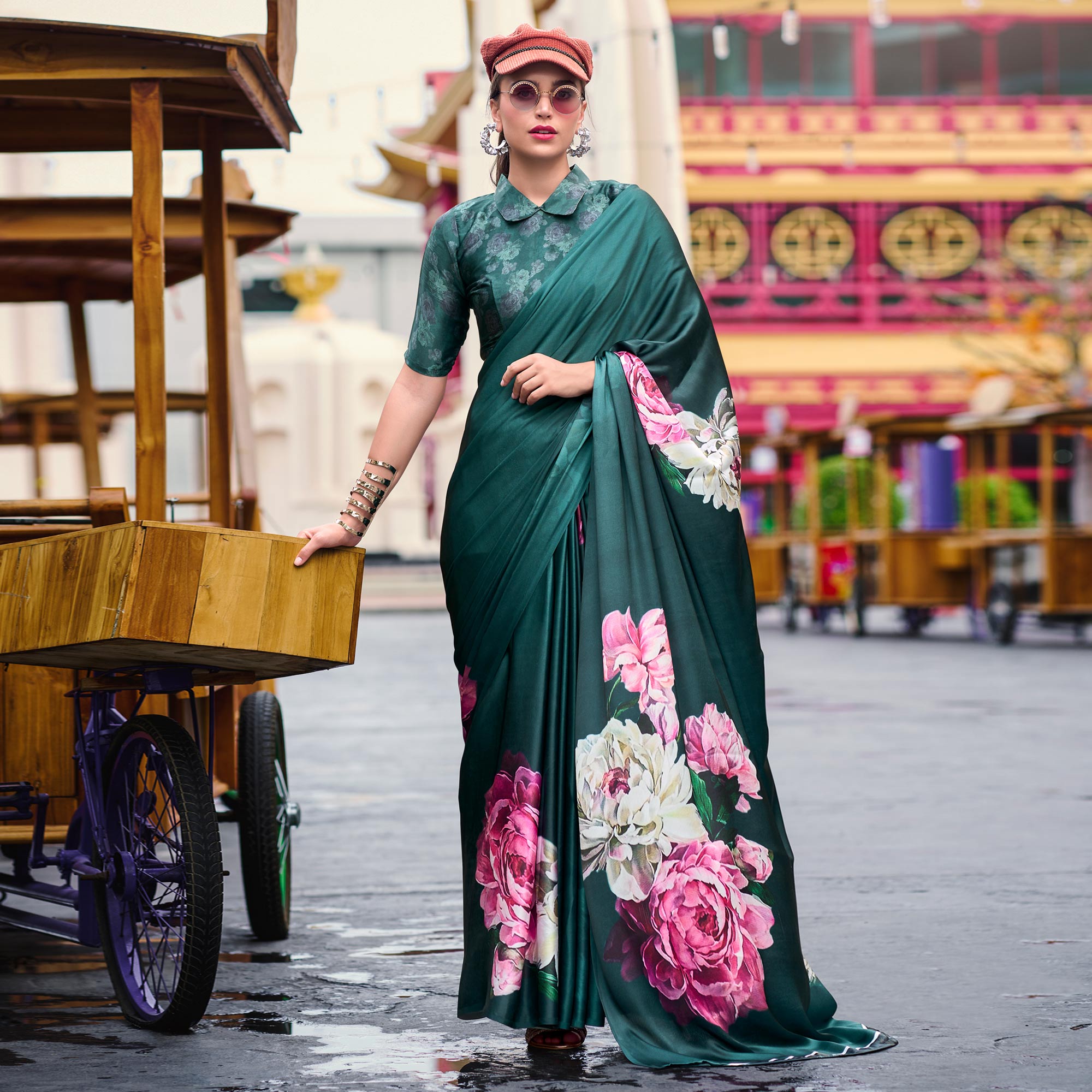 Peachmode Bottle Green Digital Printed Pure Satin Saree