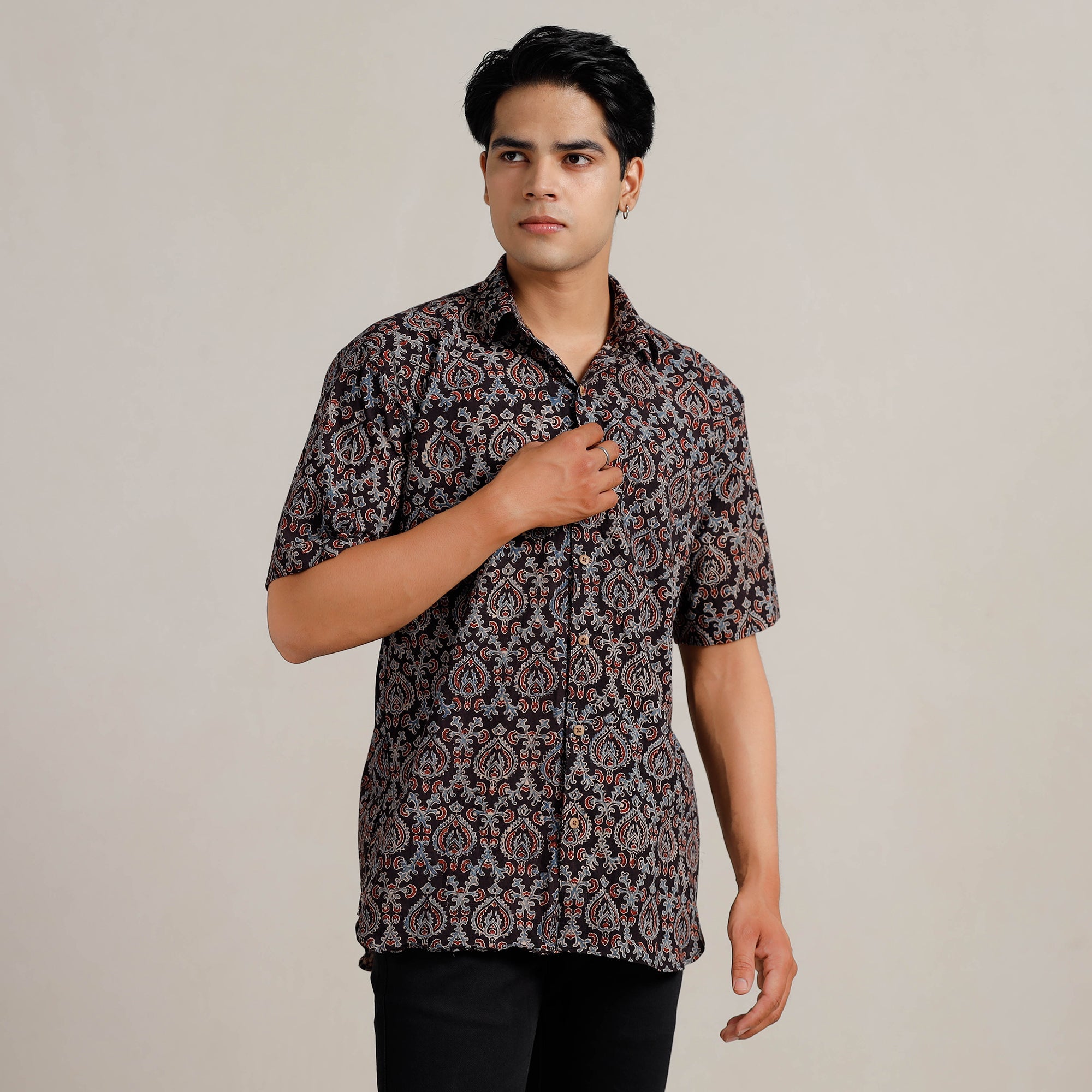 ITOKRI CASUALS Black - Ajrakh Block Printed Cotton Men Half Sleeve Shirt 01 - view 3